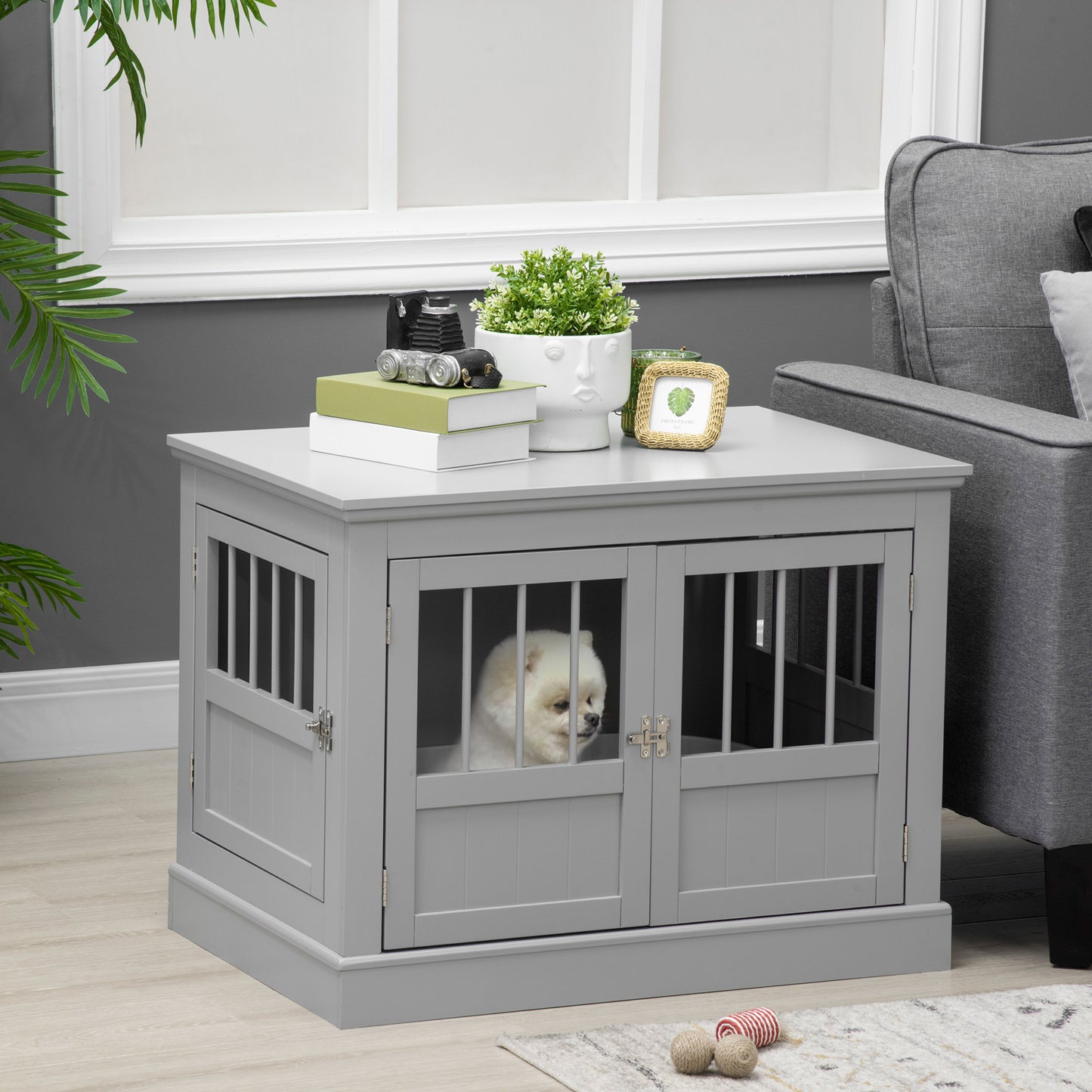 Stylish gray wooden dog crate end table with secure latching doors for small pets