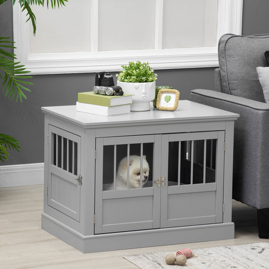 Stylish gray wooden dog crate end table with secure latching doors for small pets