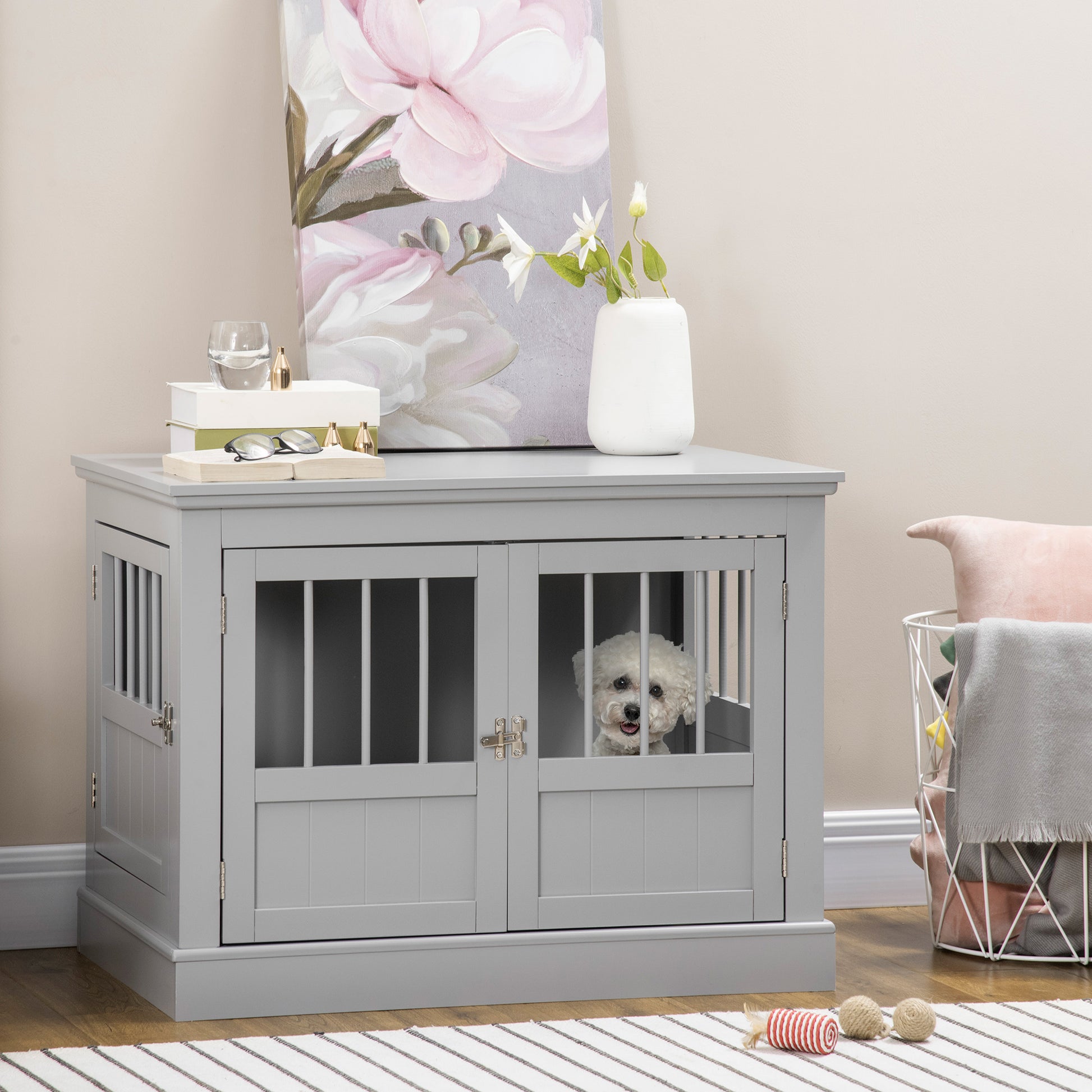 Gray wooden dog crate end table with a white bichon frise peeking out