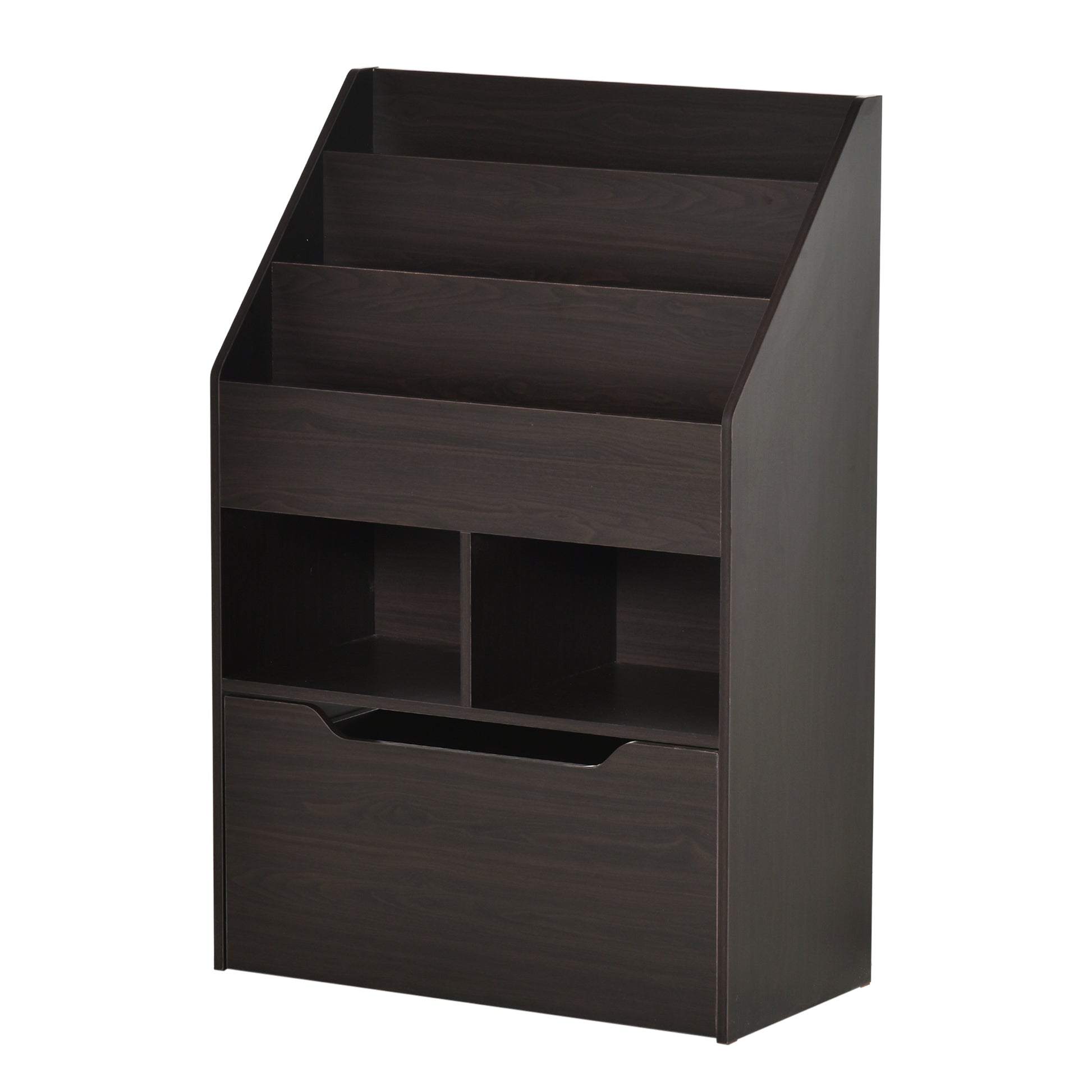 Dark brown wooden tiered bookshelf with open shelves and a pullout drawer