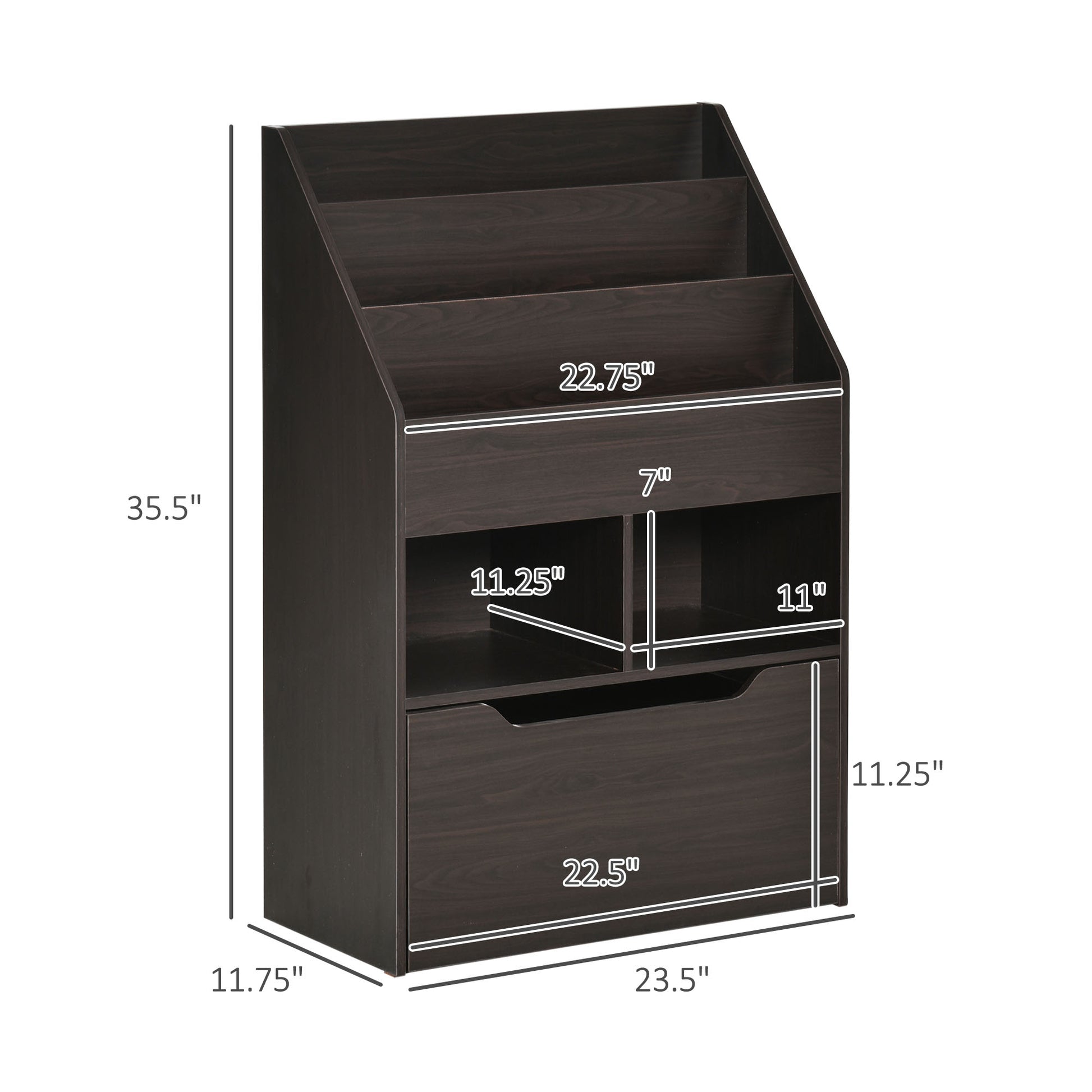 Dark brown wood multilevel organizer with angled shelves and a pullout drawer for toys