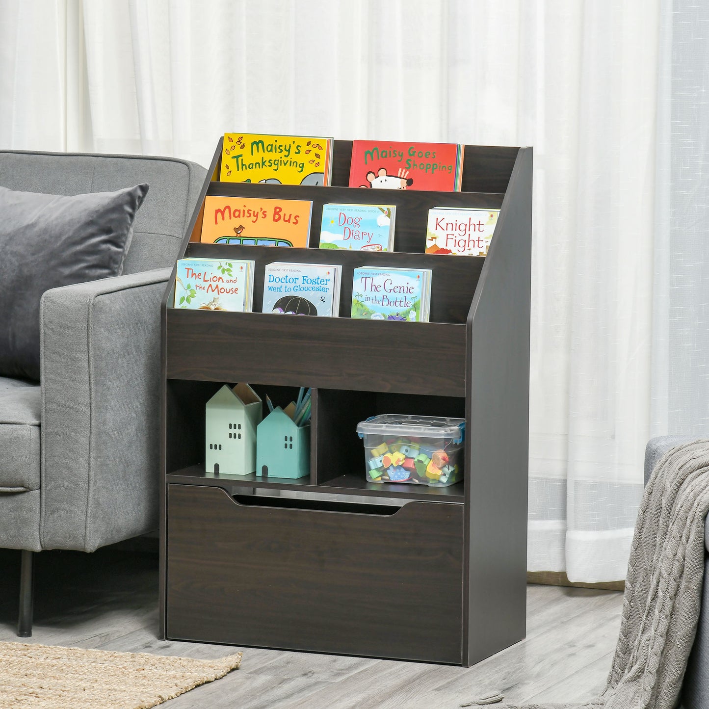Dark brown wooden kids bookshelf filled with colorful childrens books and toys