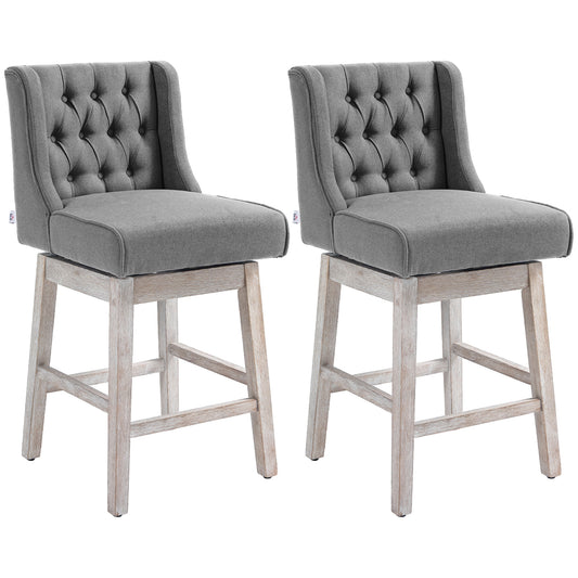 Two gray upholstered bar stools with tufted backs and weathered wood bases