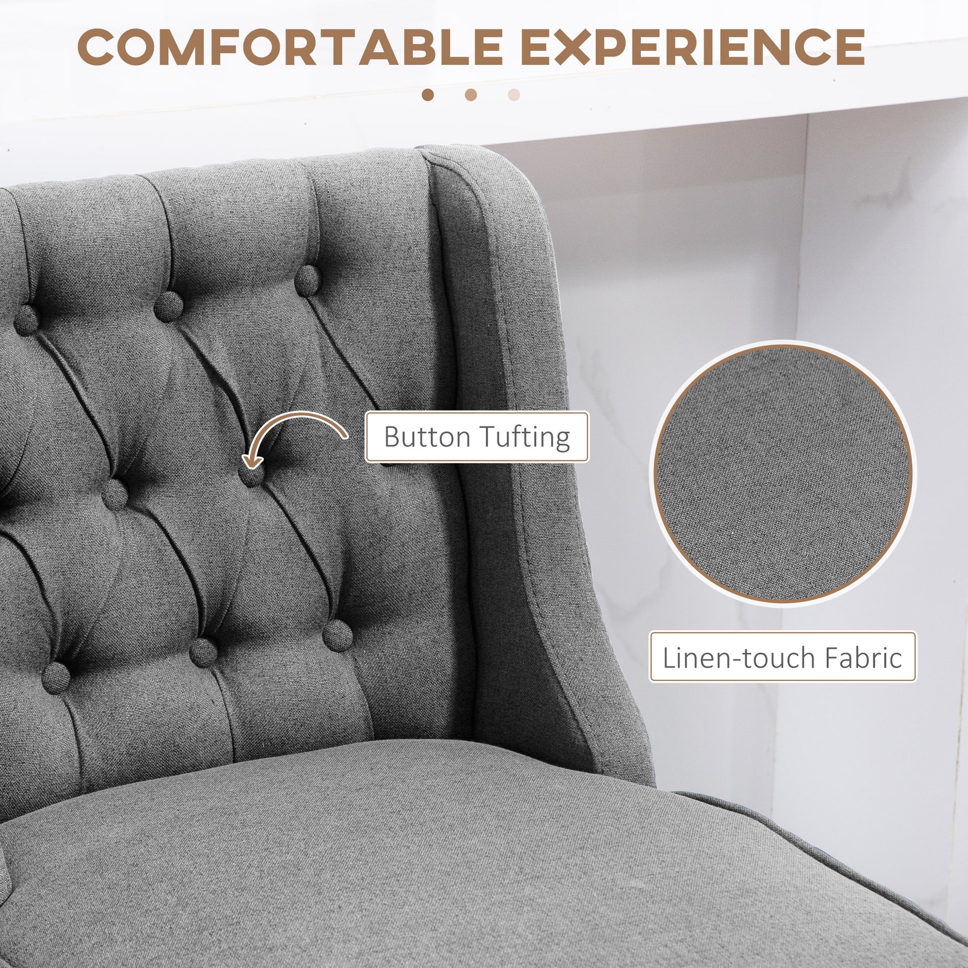 Closeup of grey fabric accent chair featuring elegant button tufting and a linentouch texture