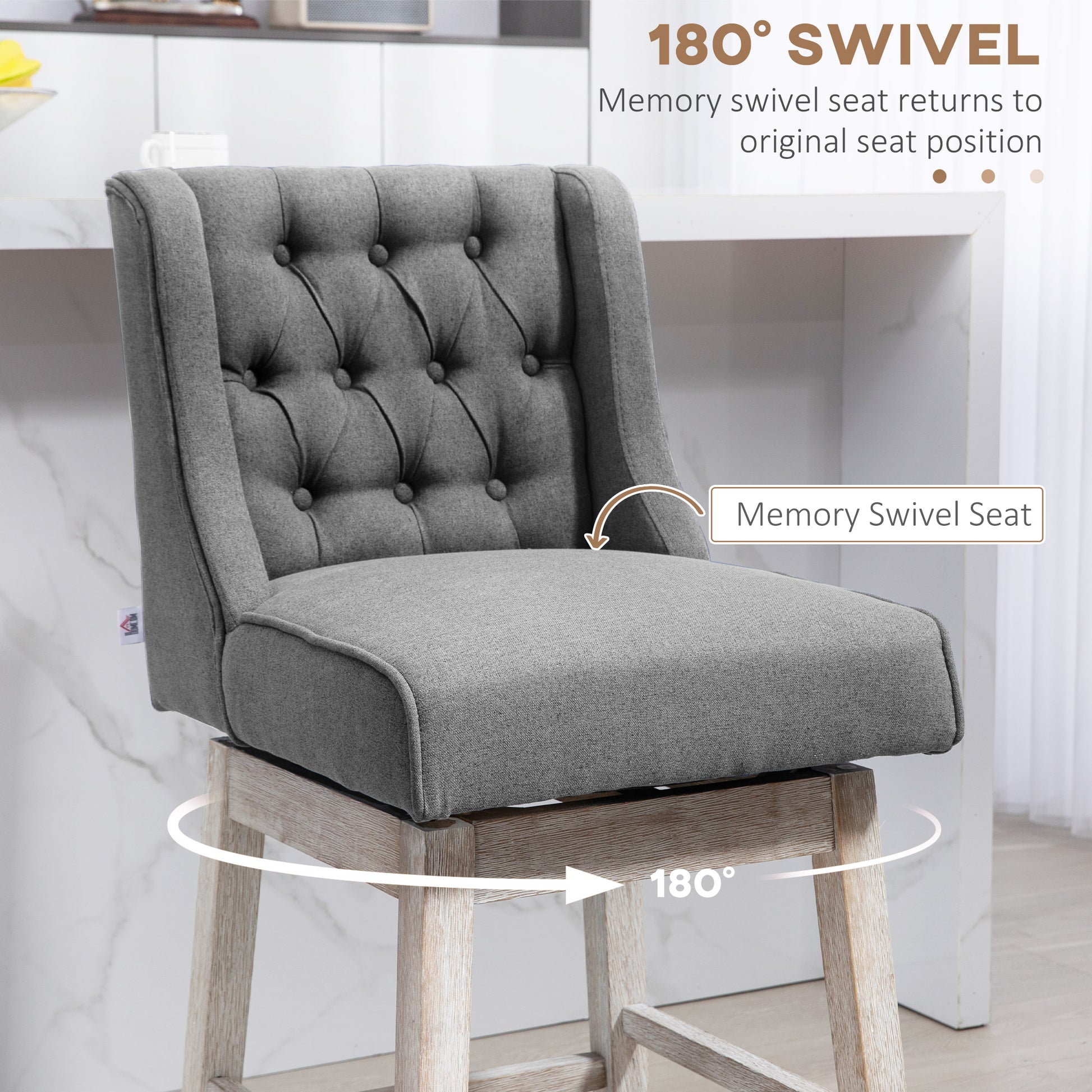 Grey tufted swivel bar stool with memory seat function perfect for kitchen island