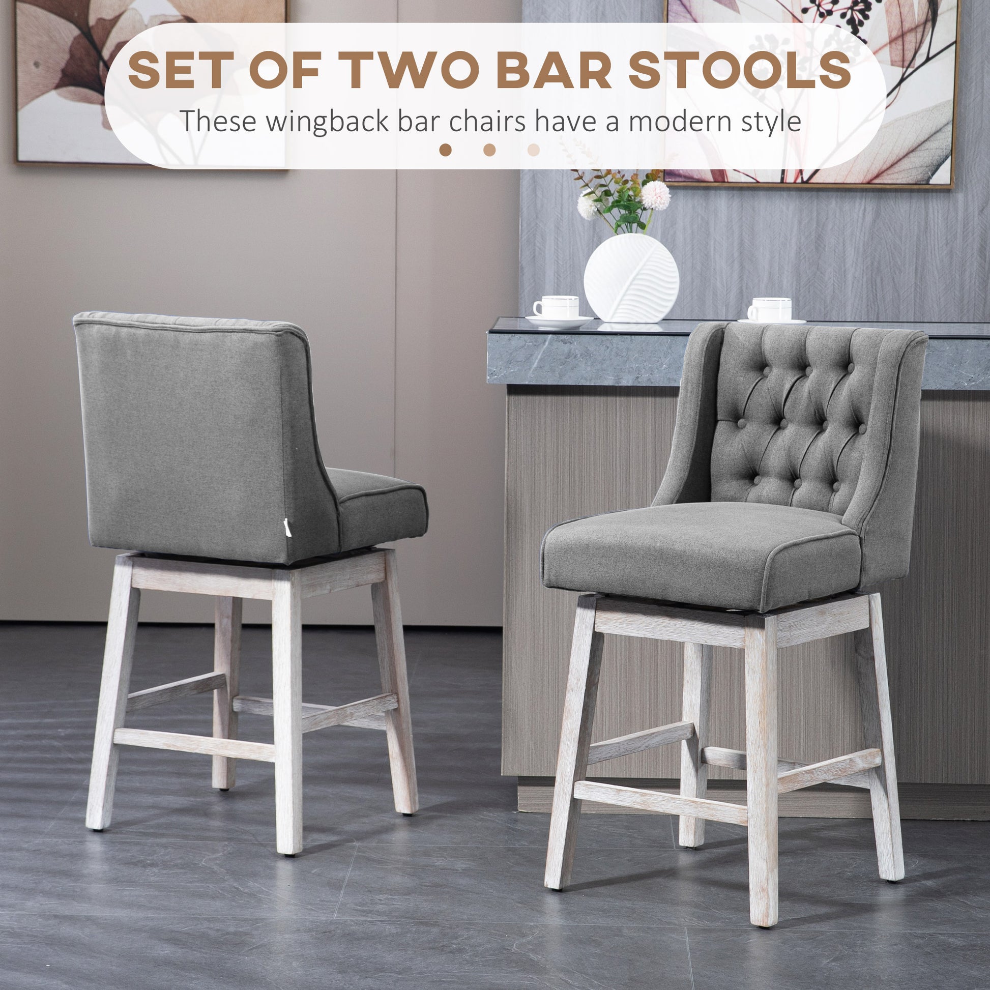 Grey upholstered wingback bar stools with tufted backs and light wood legs