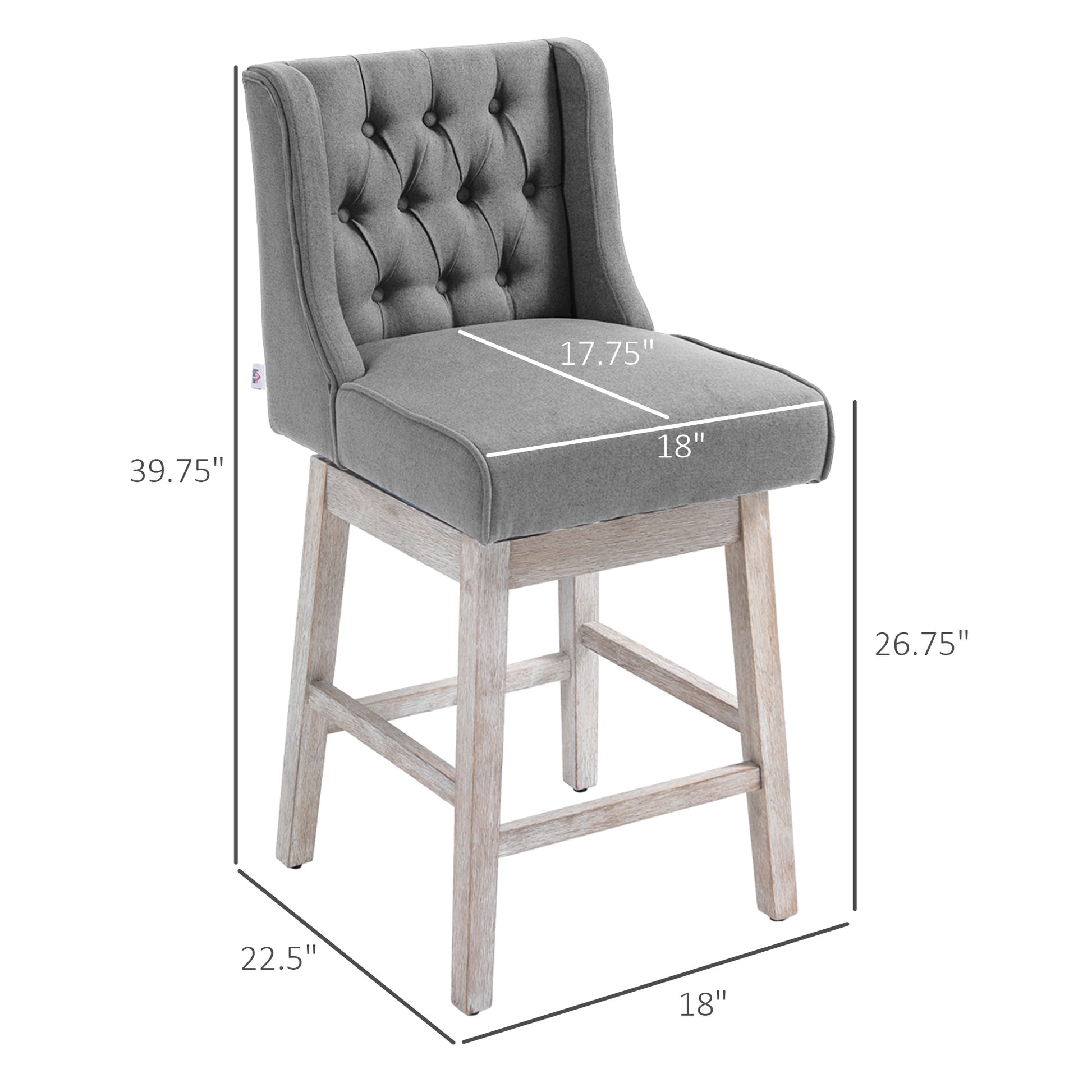 Grey fabric tufted swivel bar stool with light wood base  height