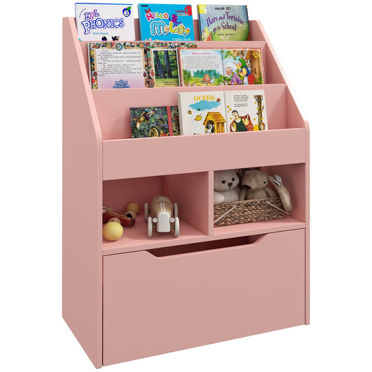 Pink wooden bookshelf with childrens books and toys