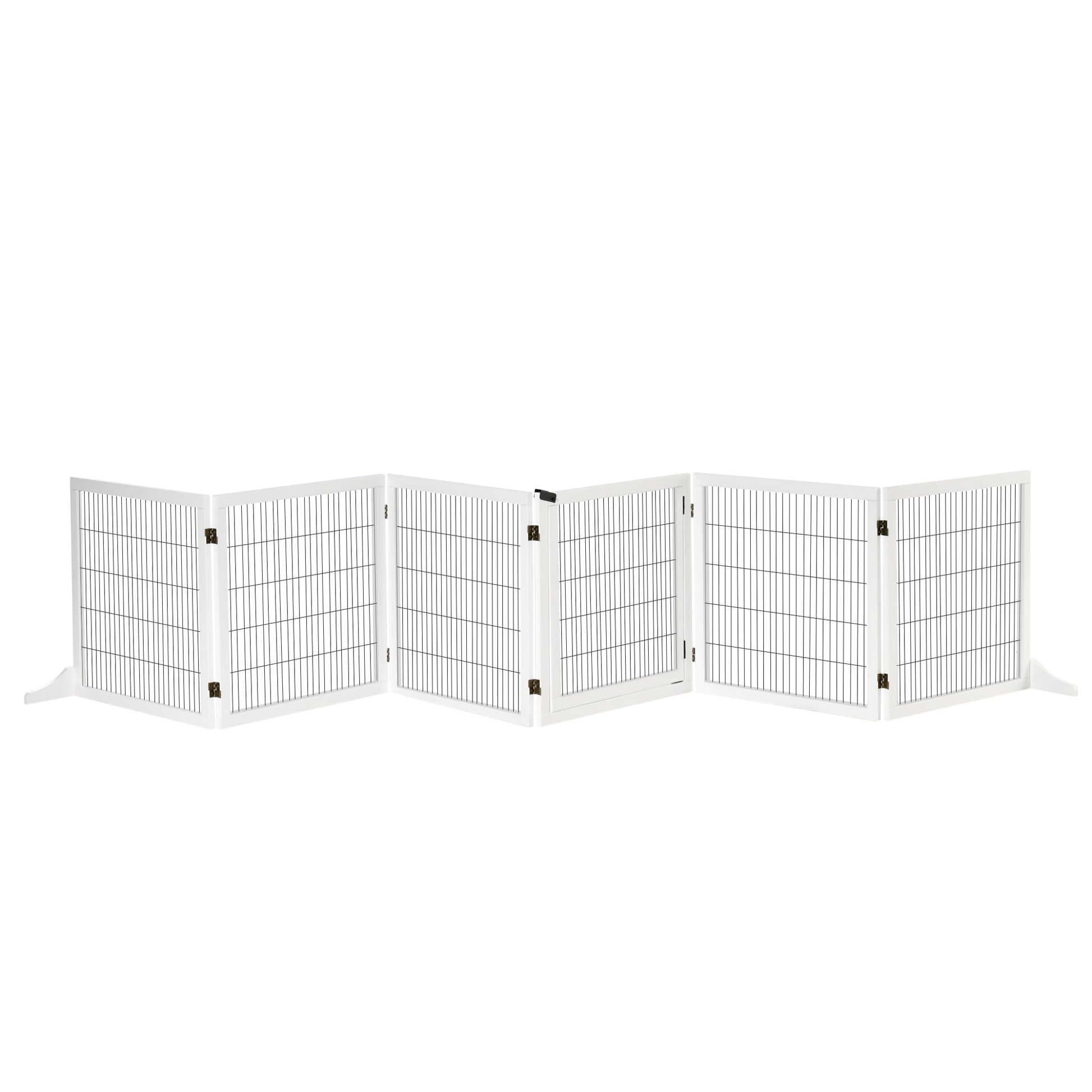 White wooden pet gate with black wire mesh panels a versatile playpen for dogs