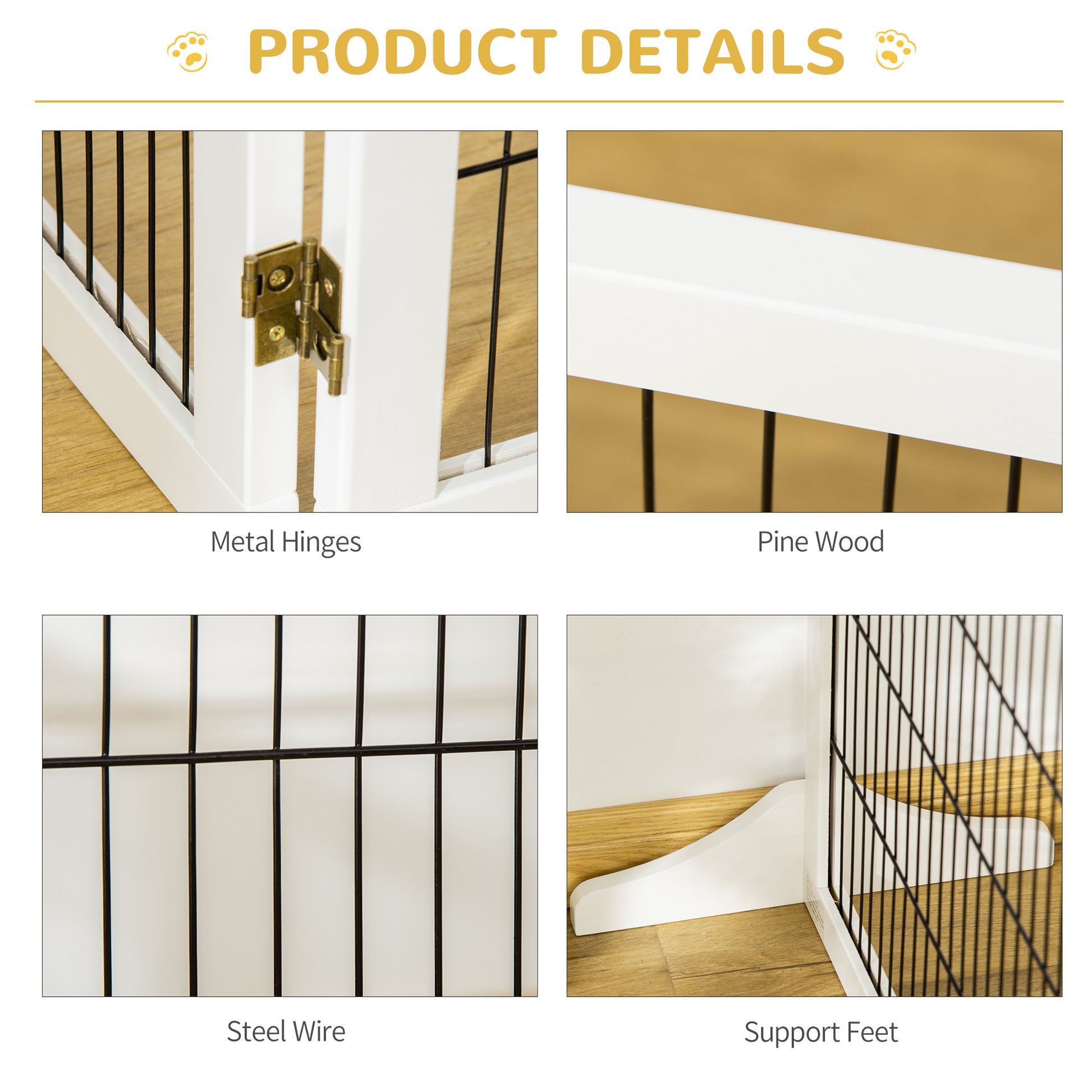 Closeup of antique brass metal hinges on a white wooden pet gate panel