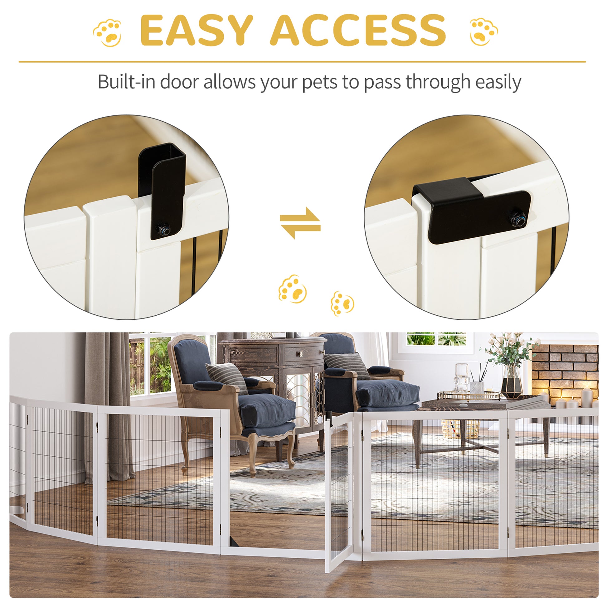 White wooden pet gate with metal mesh and builtin door for easy pet access
