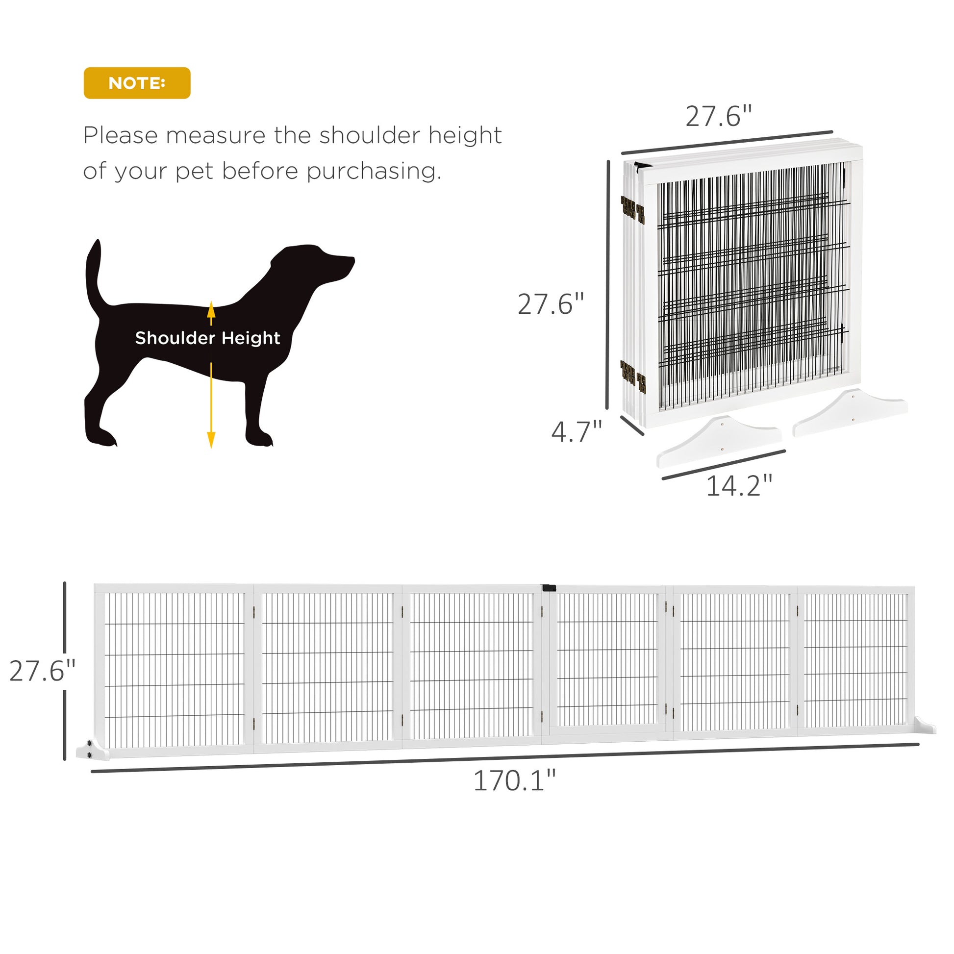 White wooden pet gate  inches high with adjustable width for versatile containment