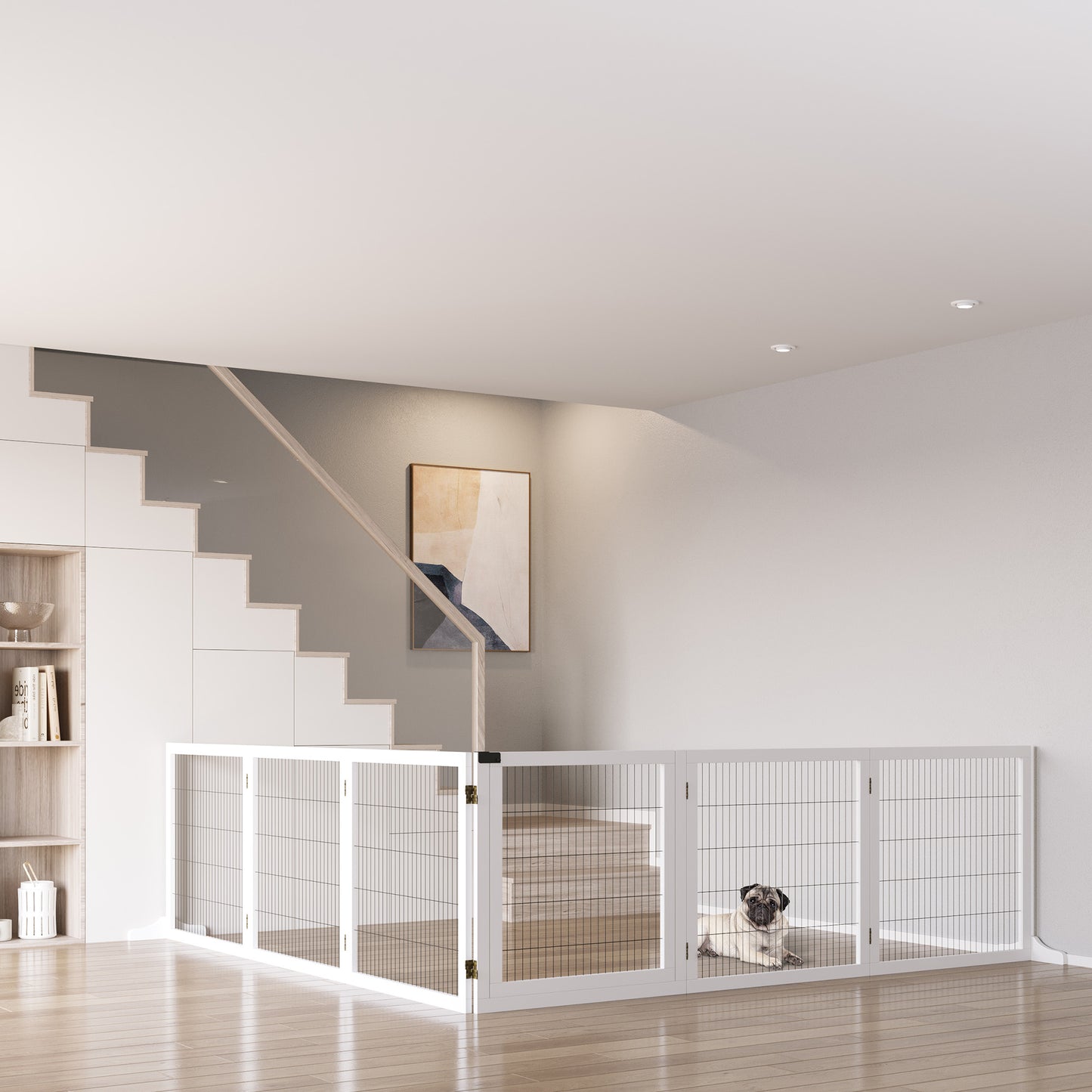 White modular pet gate with hinged panels suitable for indoor playpens