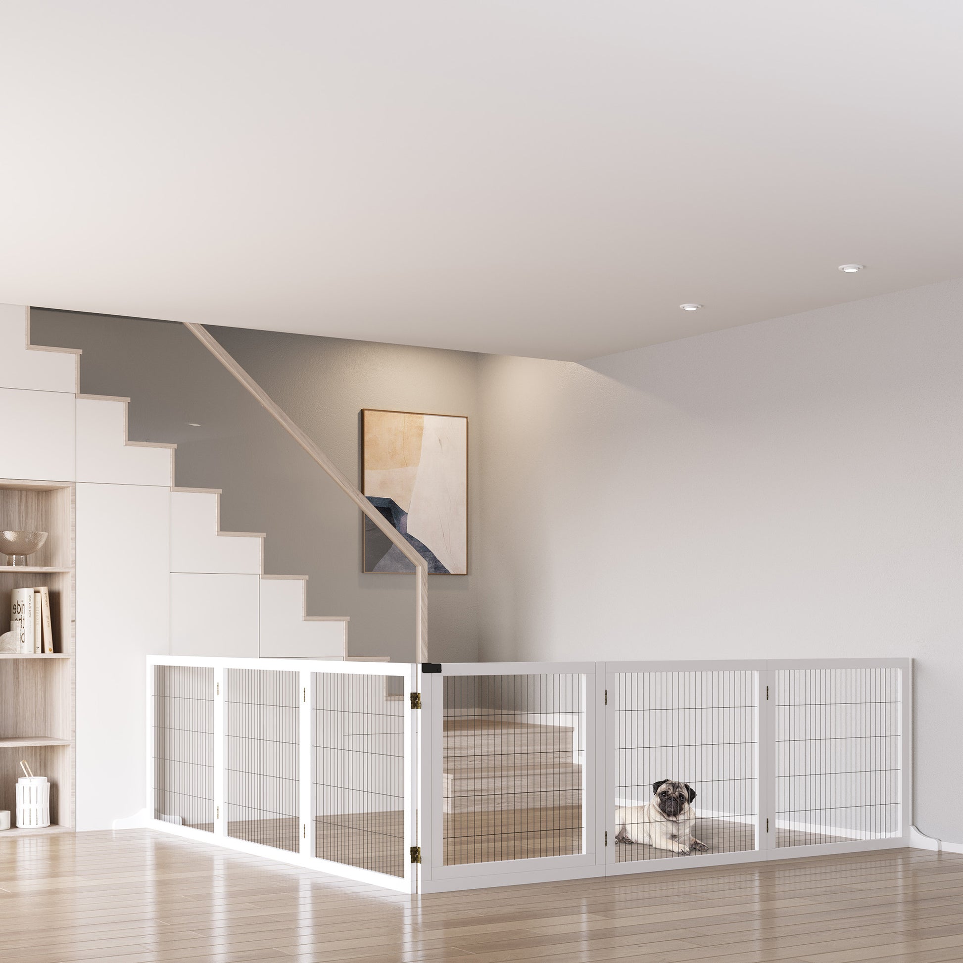 White modular pet gate with hinged panels suitable for indoor playpens