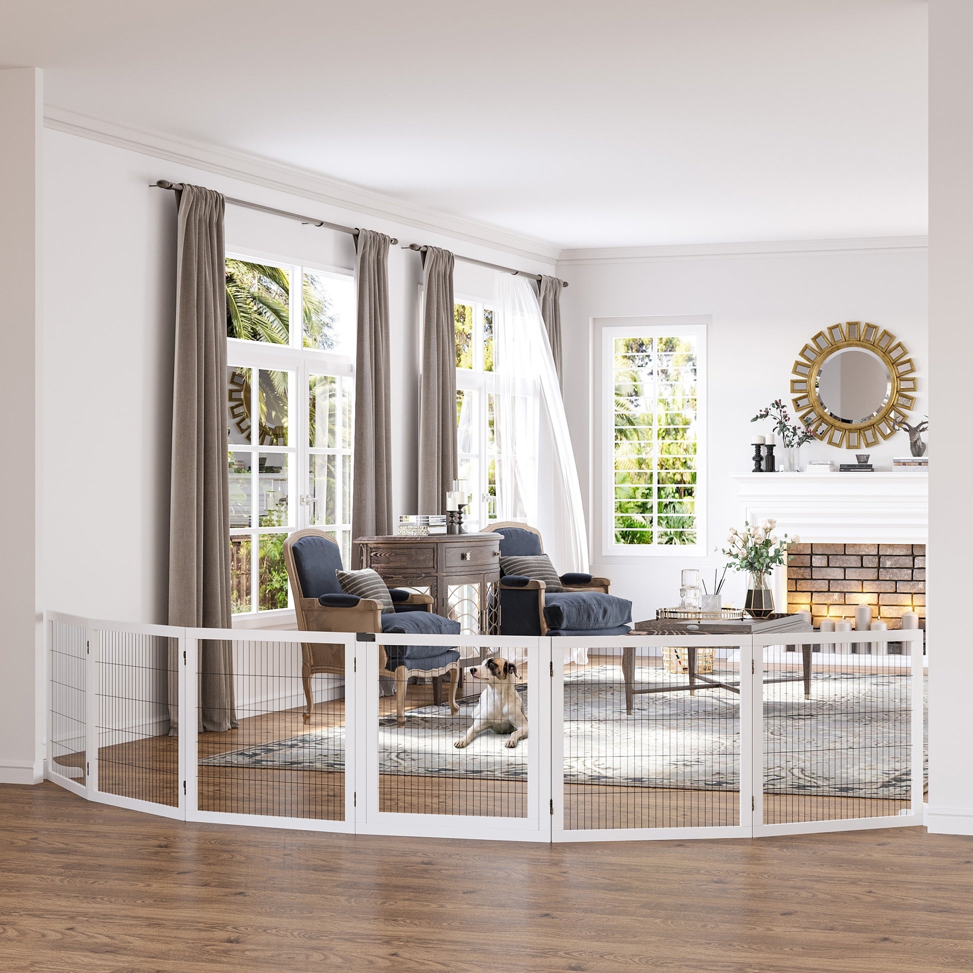 White wooden pet gate with four panels featuring a wire mesh for containment in a living room