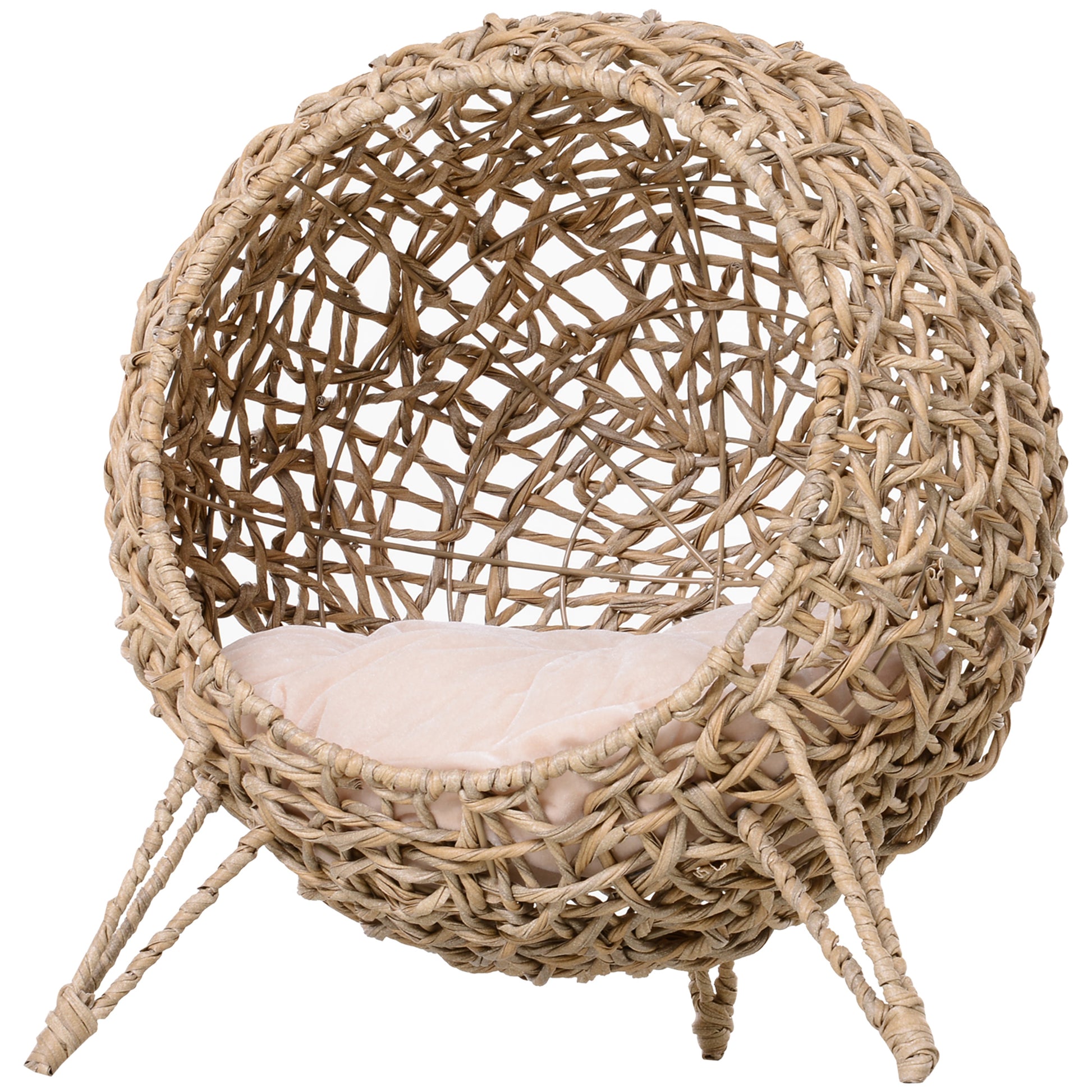 Woven rattan pet bed with plush pink cushion natural texture ideal for cats and small dogs