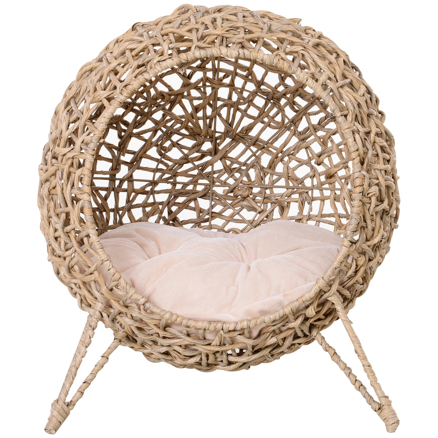 Round wicker pet bed with beige velvet cushion natural bohemian style