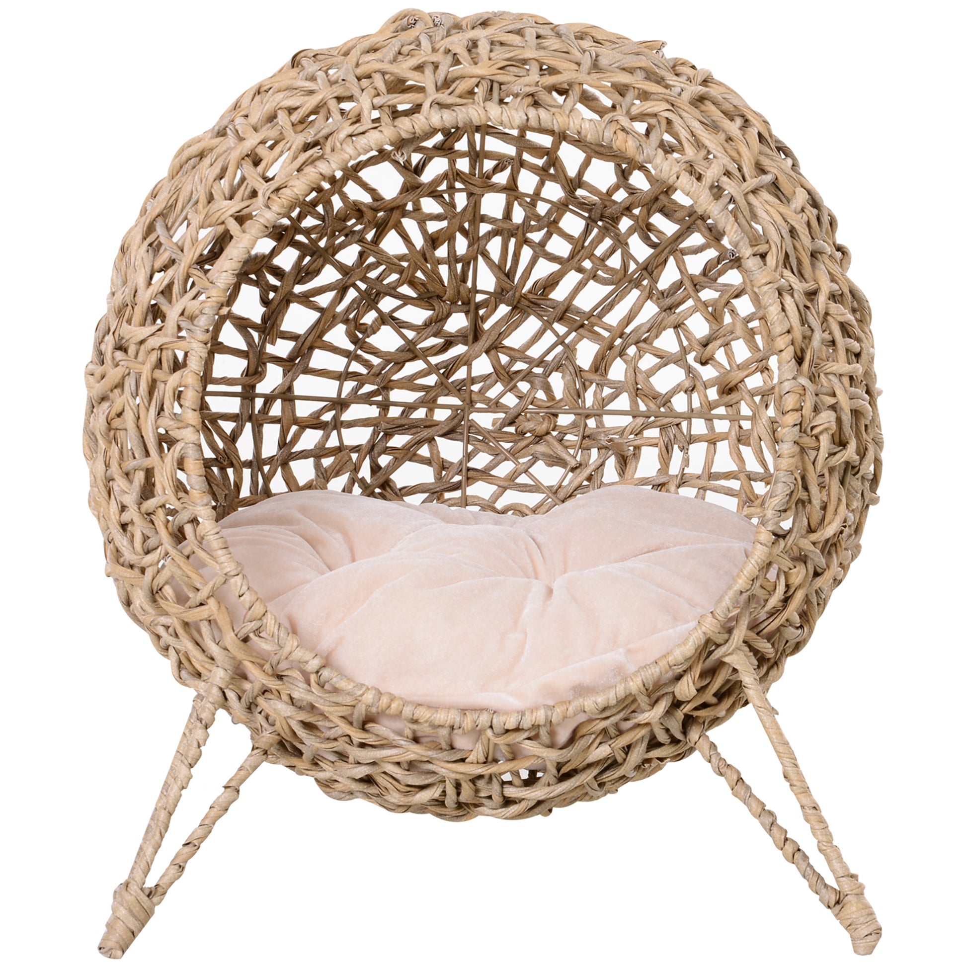 Round wicker pet bed with beige velvet cushion natural bohemian style