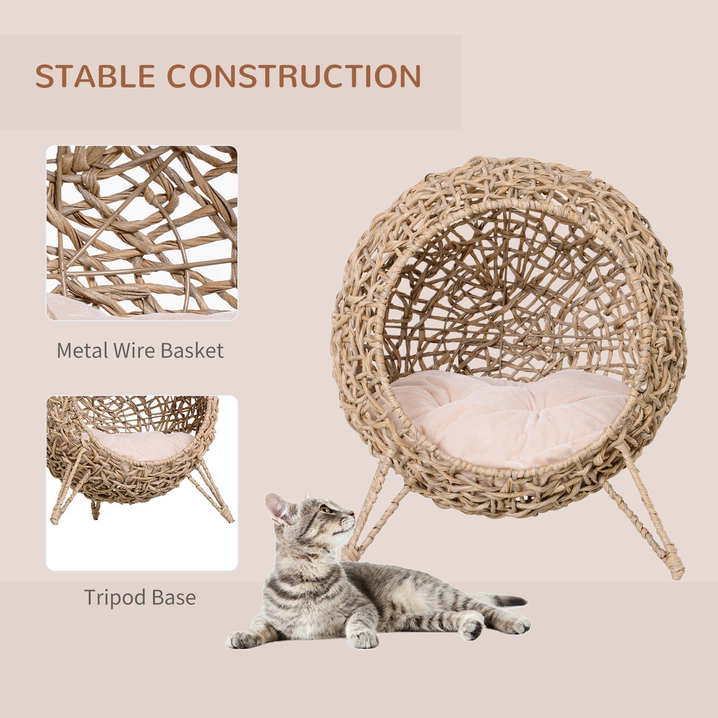 Round wicker cat bed with plush cushion and tripod base featuring metal wire construction