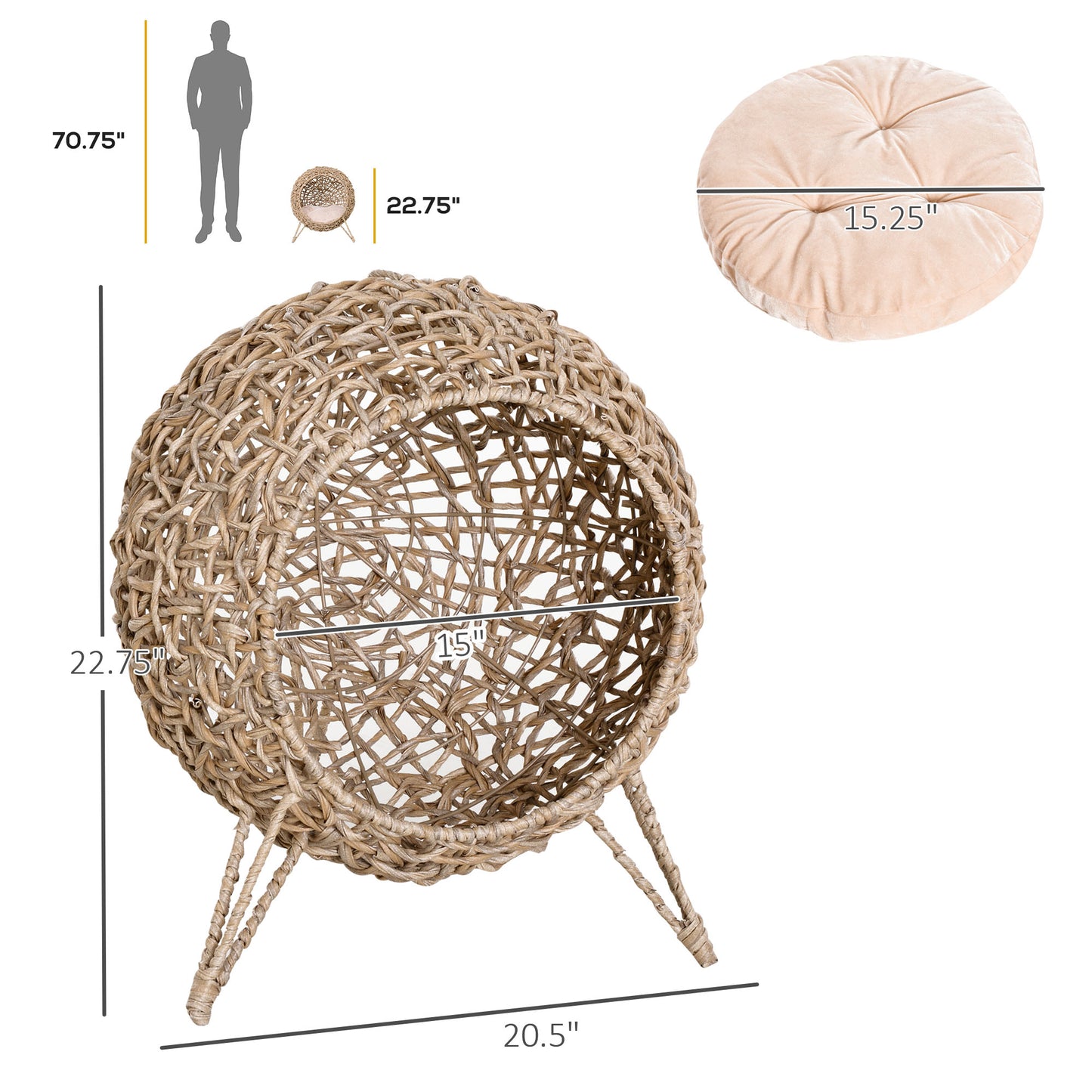 Woven natural fiber pet bed with attached legs  inches tall