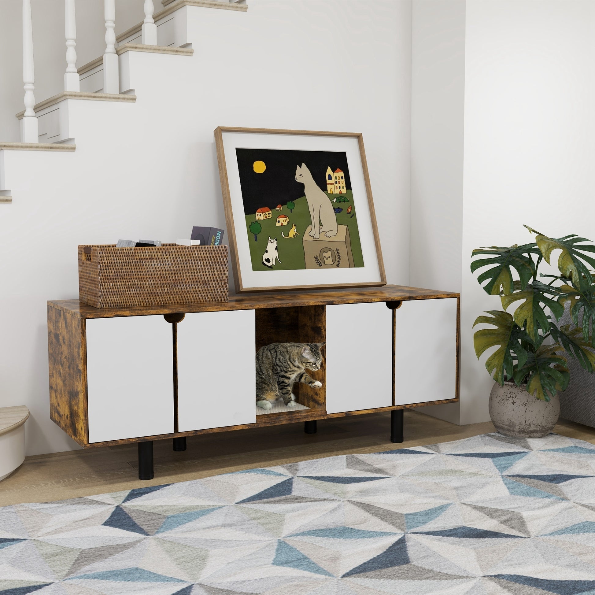 Modern wooden cabinet with white doors and builtin cat cubby