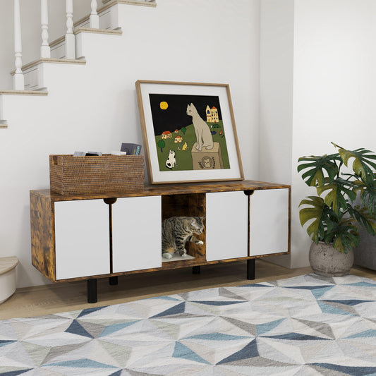 Modern wooden cabinet with white doors and builtin cat cubby