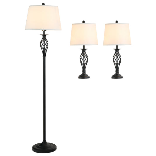 Black twisted metal floor lamp with cream shade and matching table lamps