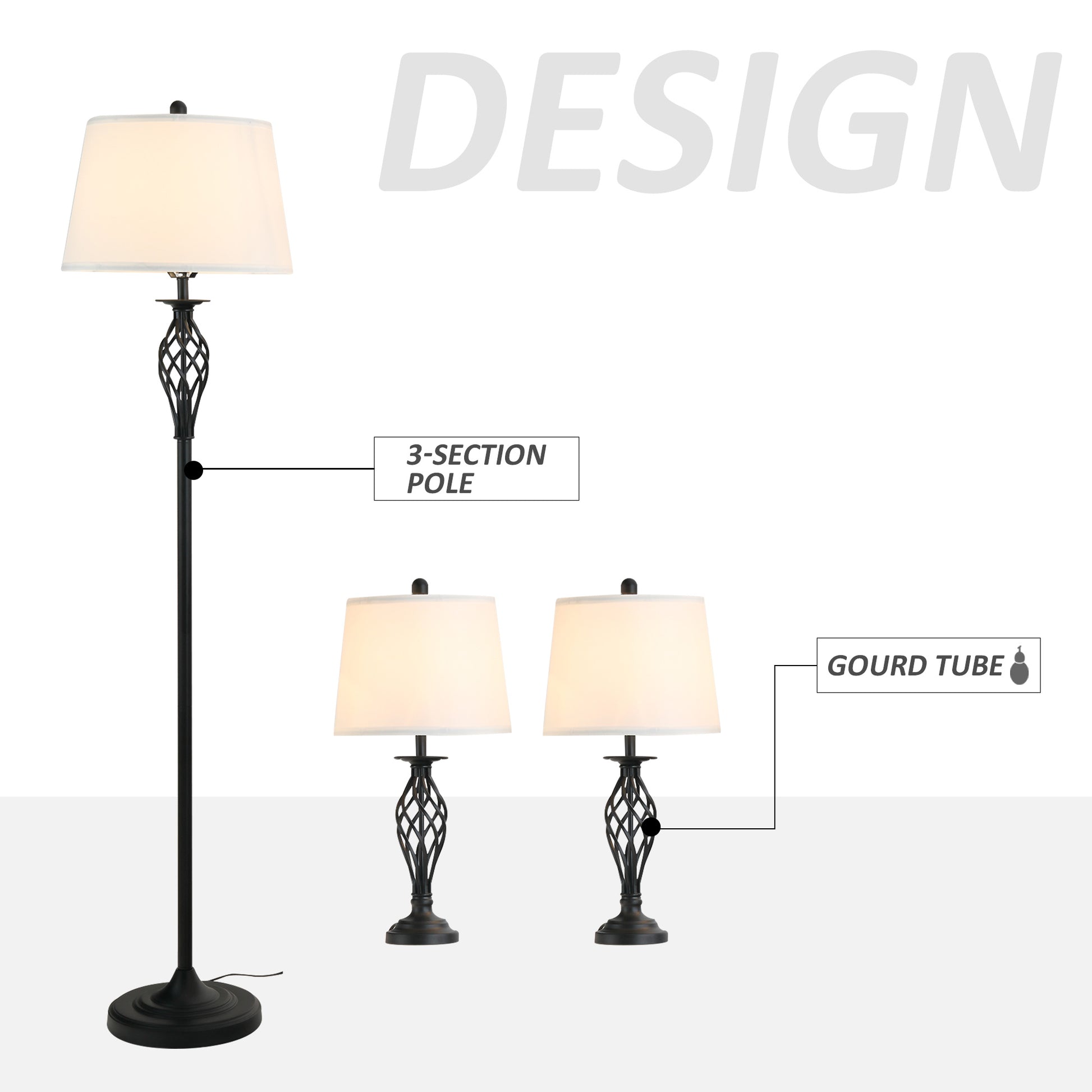 Black metal floor lamp with white fabric shade and twisted base