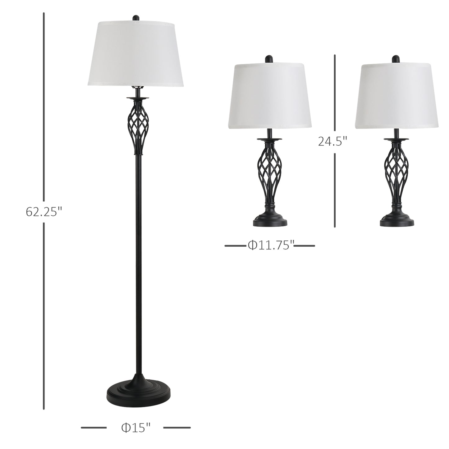 Black floor lamp with white shade and ornate base