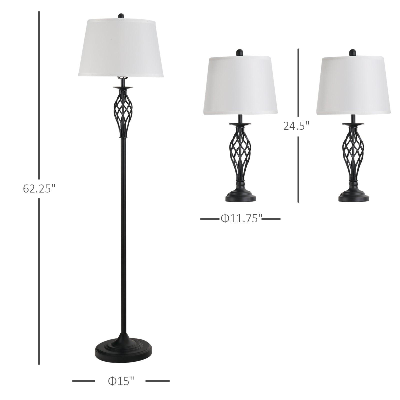 Black floor lamp with white shade and ornate base