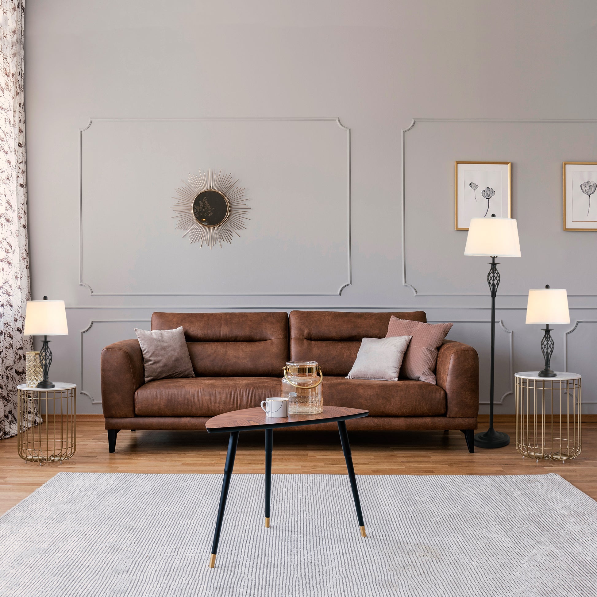 Brown leather sofa with plush accent pillows for a cozy living room