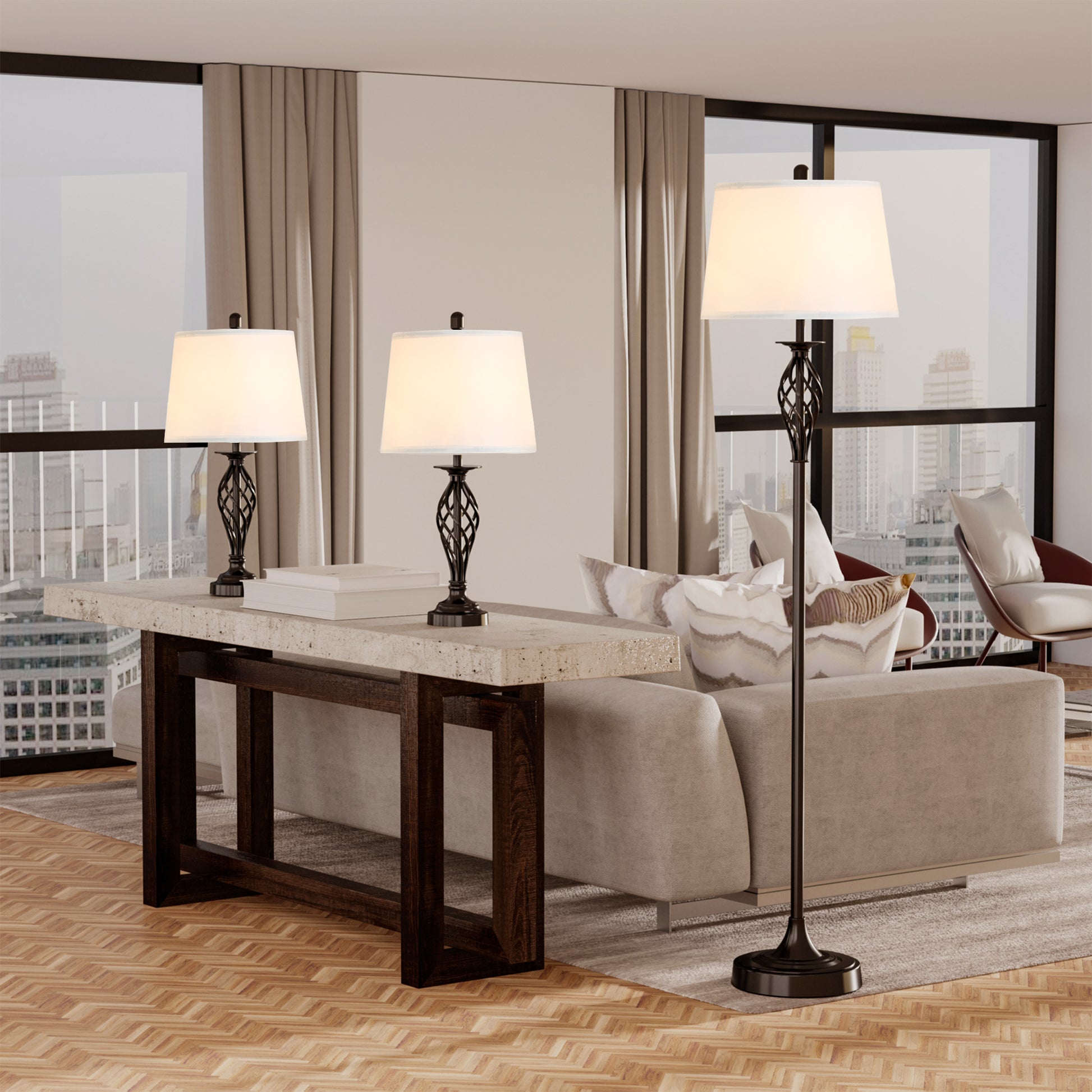 Dark bronze twistbase table lamp with offwhite shade