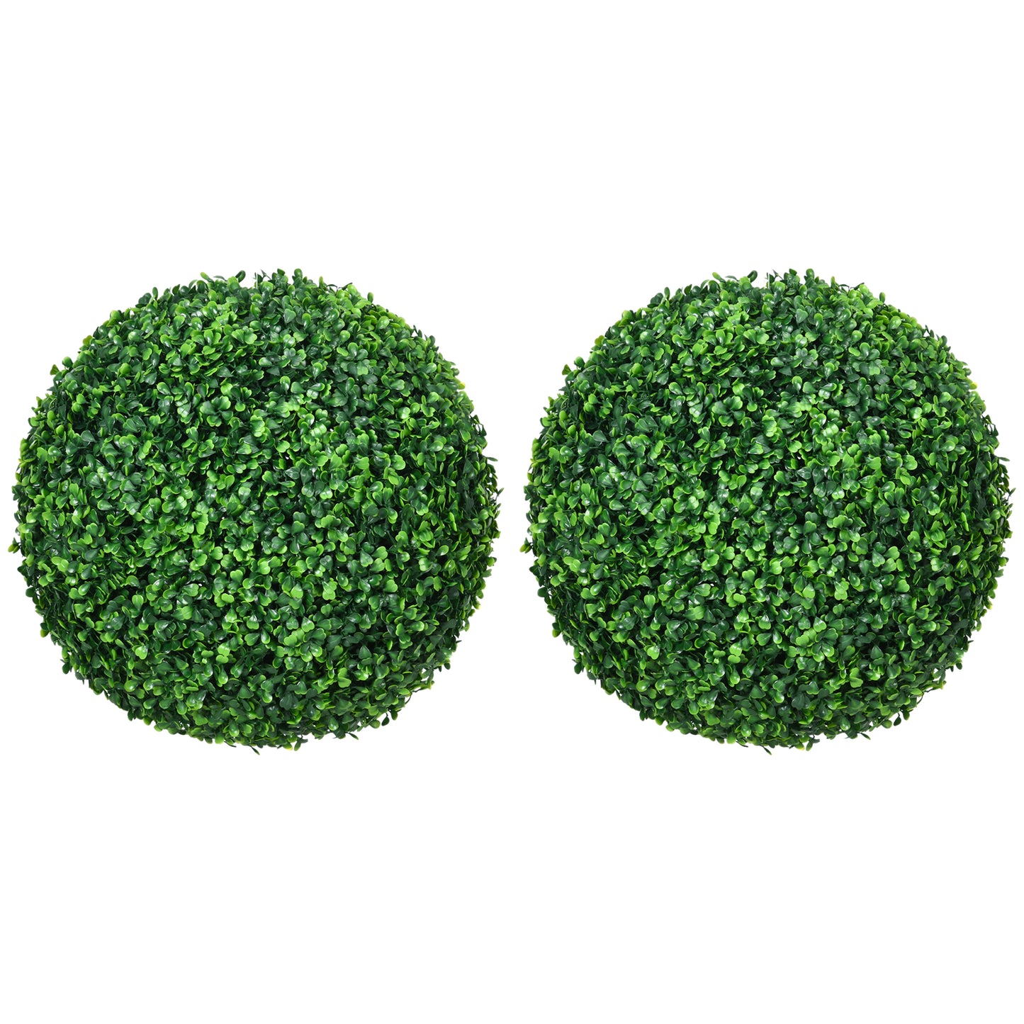 Two realistic artificial boxwood topiaries in perfect spherical shape creating a lush green garden accent