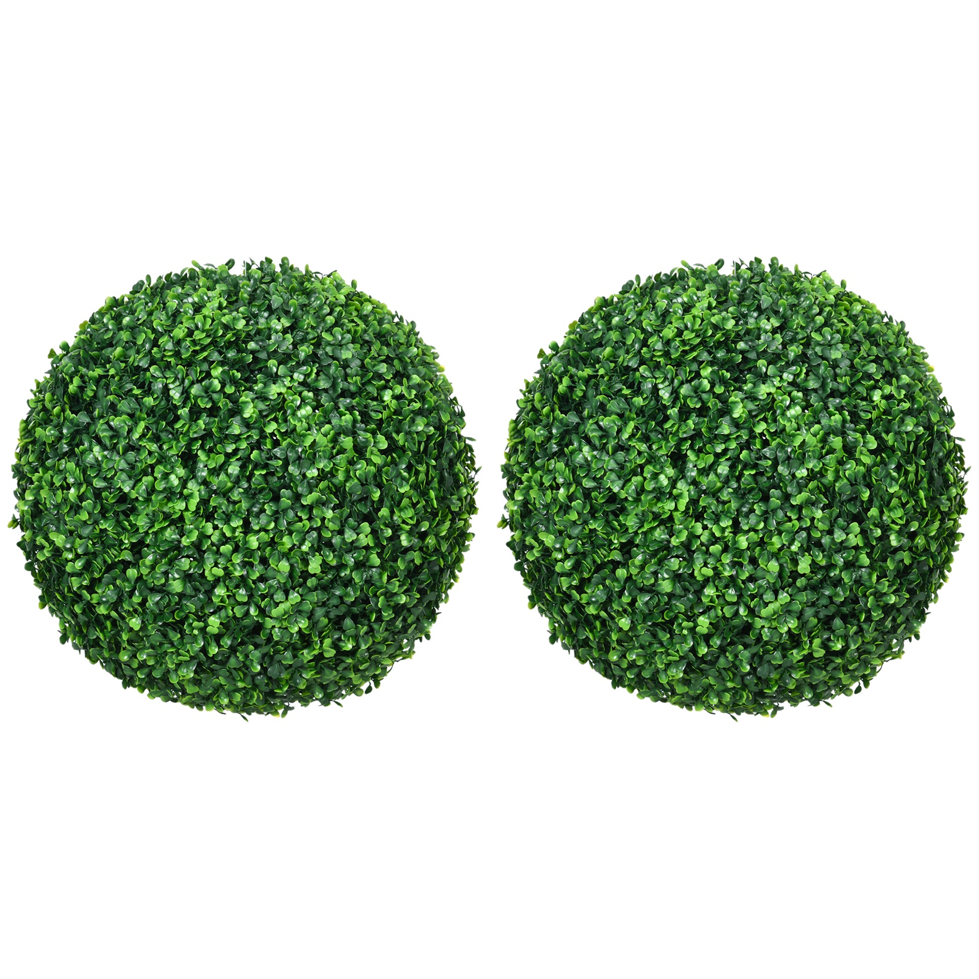 Two realistic artificial boxwood topiaries in perfect spherical shape creating a lush green garden accent