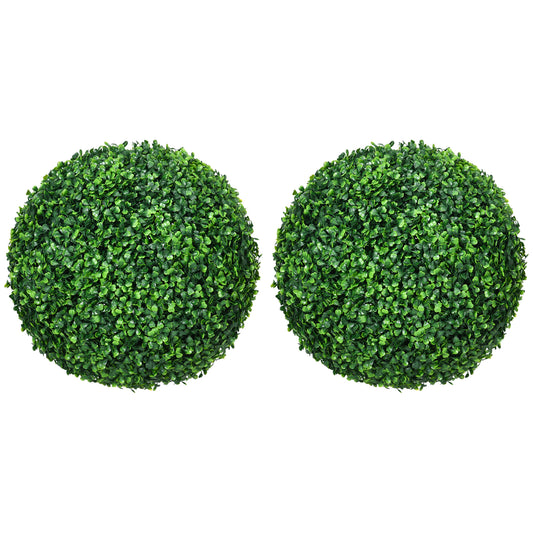 Two realistic artificial boxwood topiaries in perfect spherical shape creating a lush green garden accent