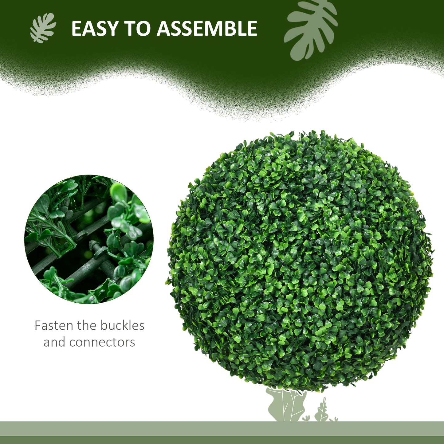 Closeup of a lush round artificial boxwood topiariy with detailed green leaves