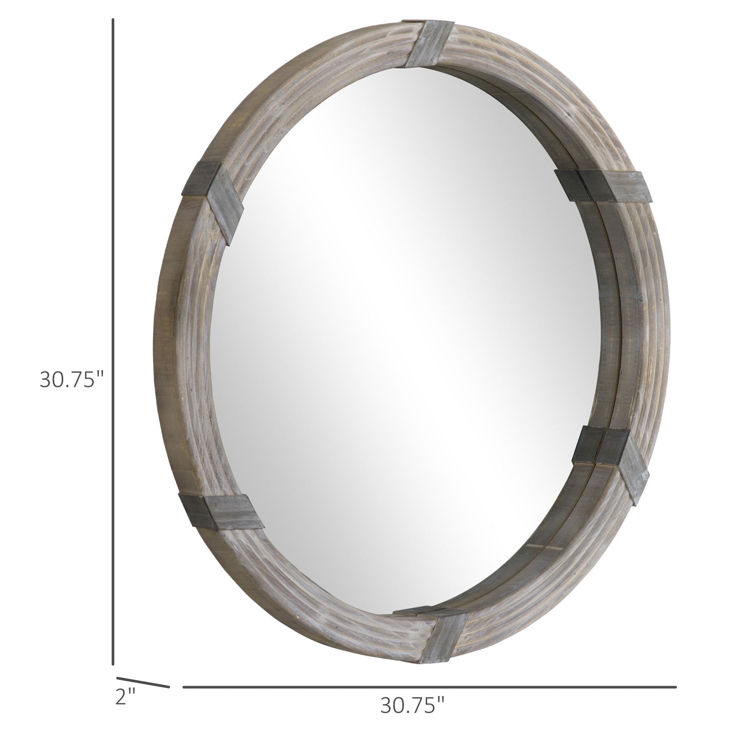 Distressed gray wood round mirror with silver accents  inches diameter