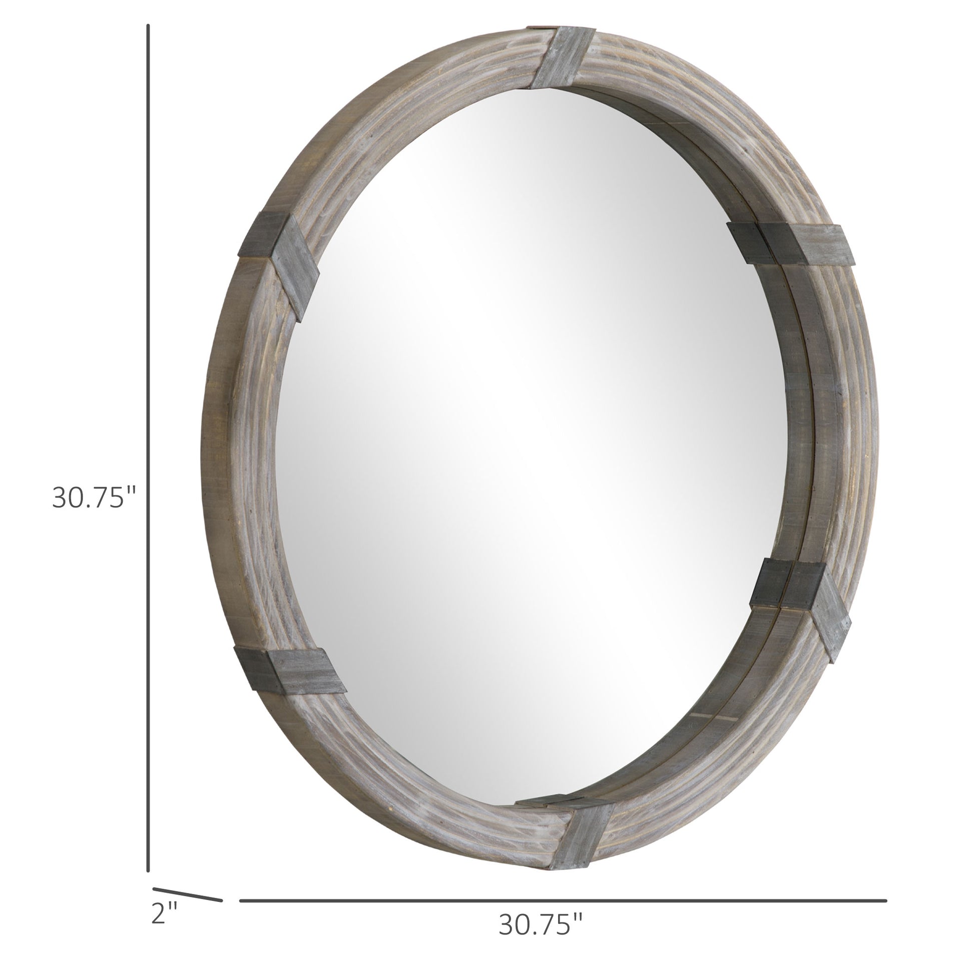 Distressed gray wood round mirror with silver accents  inches diameter