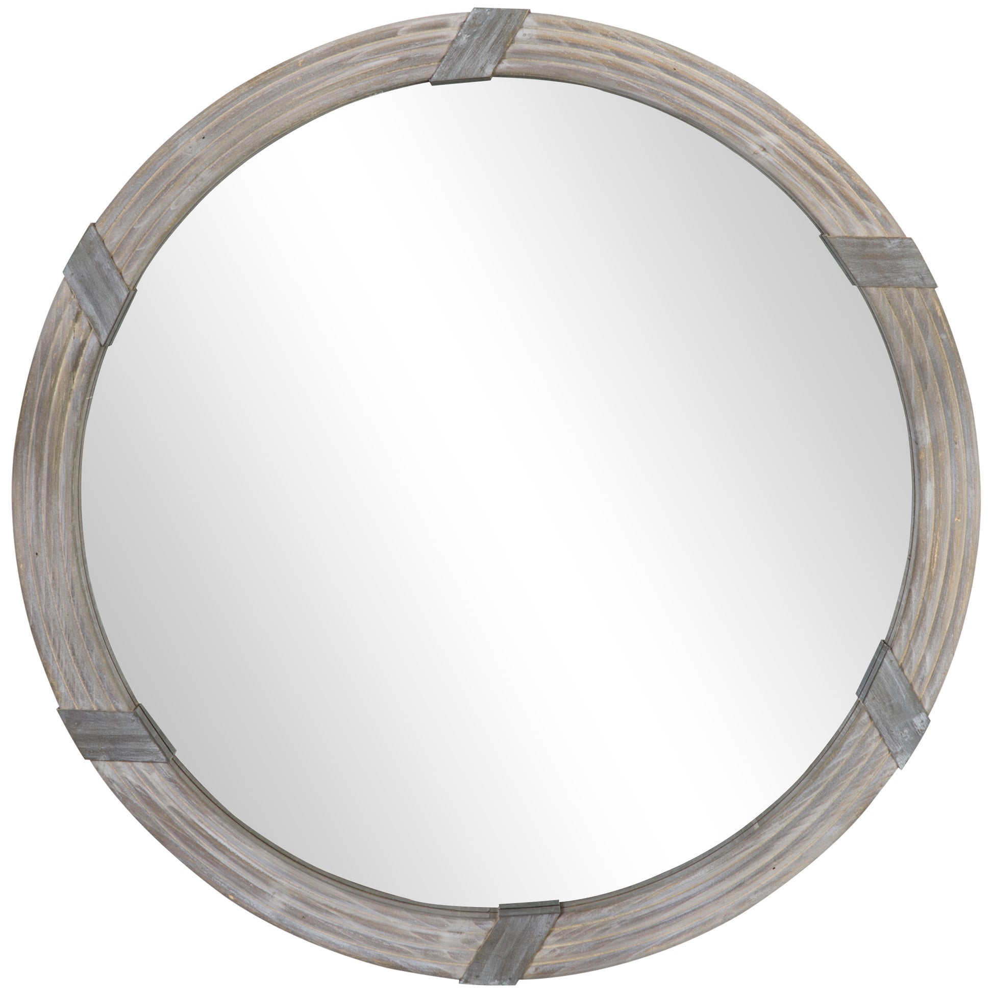 Round wall mirror with a distressed wood frame and metal accents