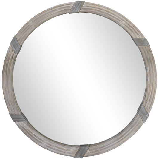 Round wall mirror with a distressed wood frame and metal accents