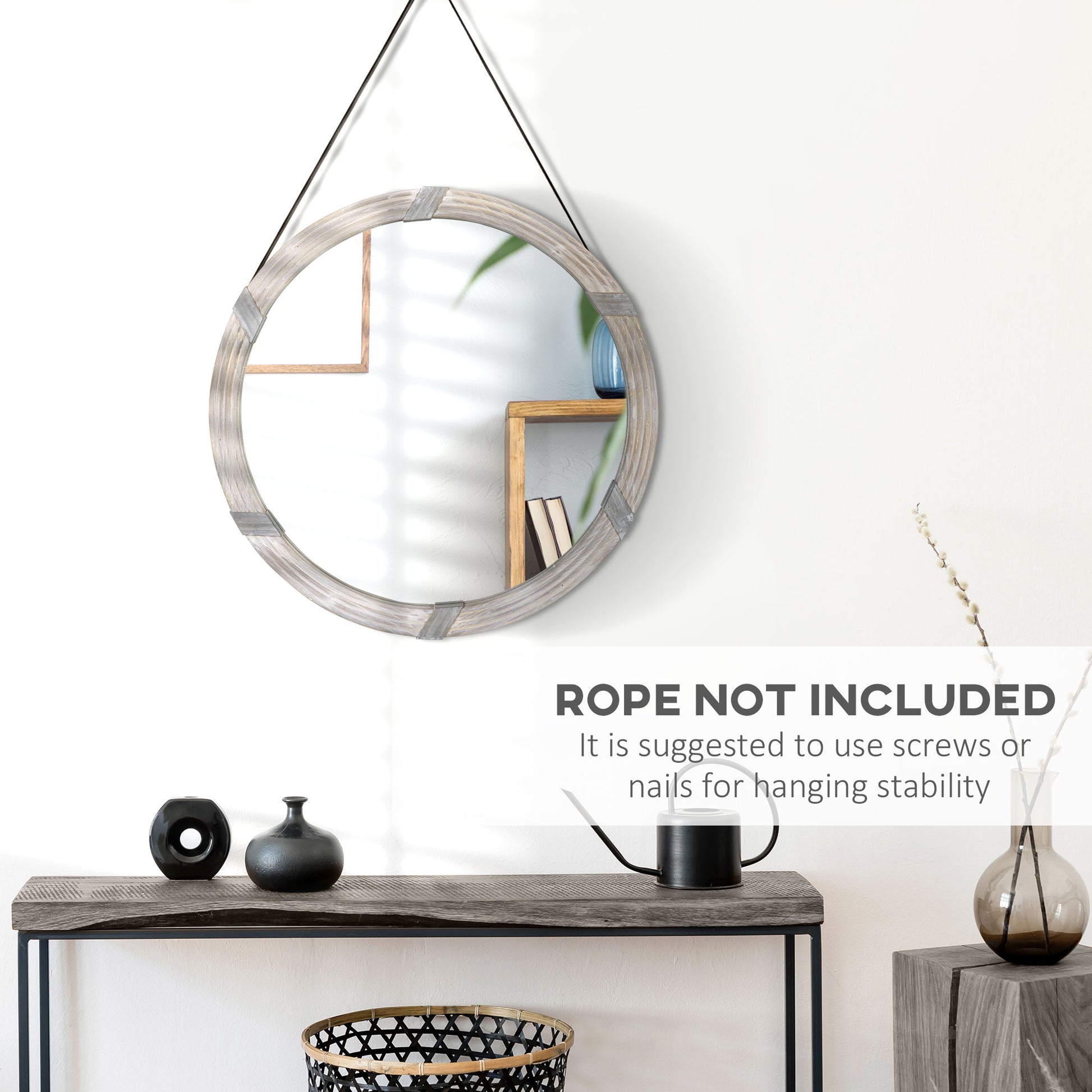 Round rustic wood wall mirror with gray wash finish and metal accents