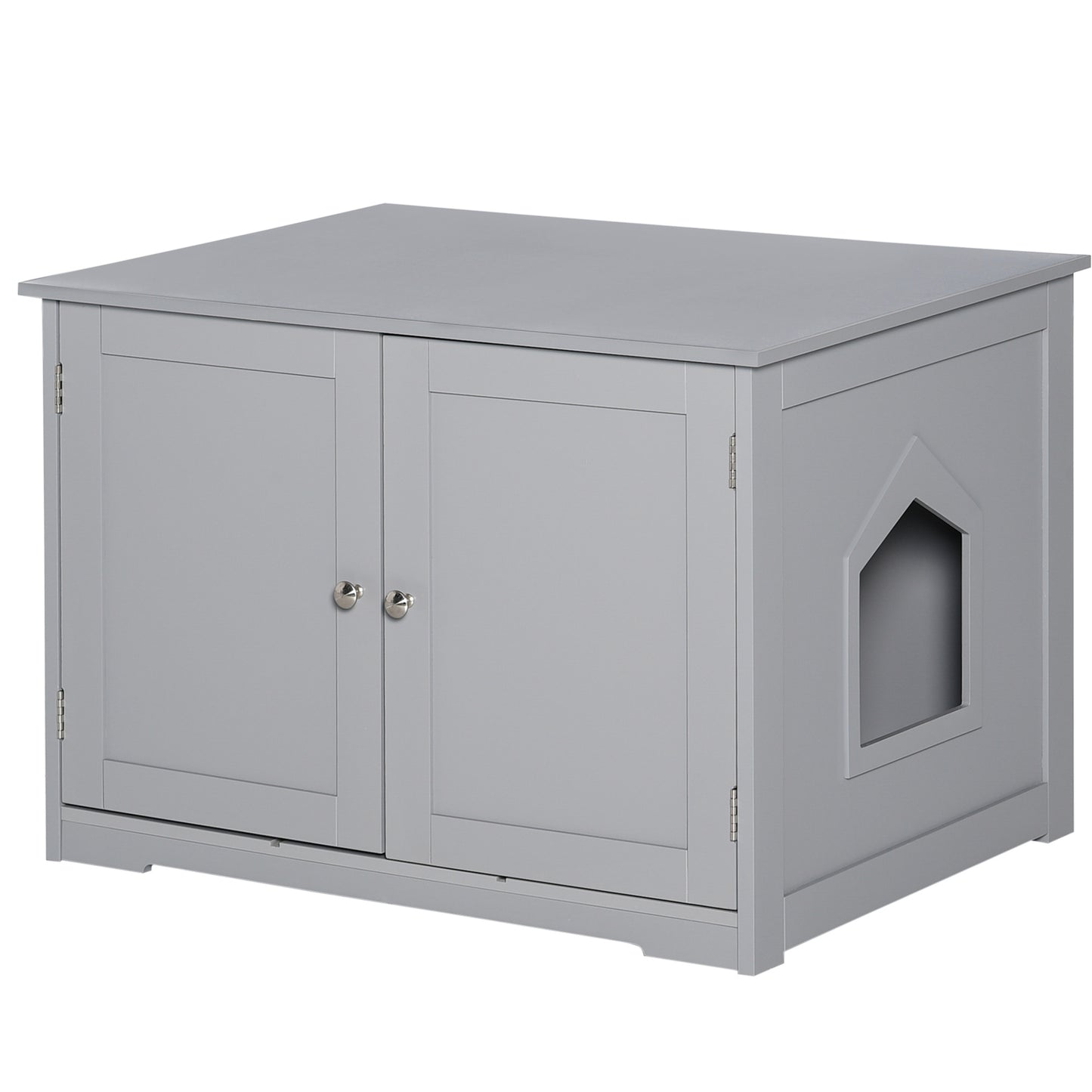 Gray enclosed litter box furniture with double doors and a side cutout for pet access