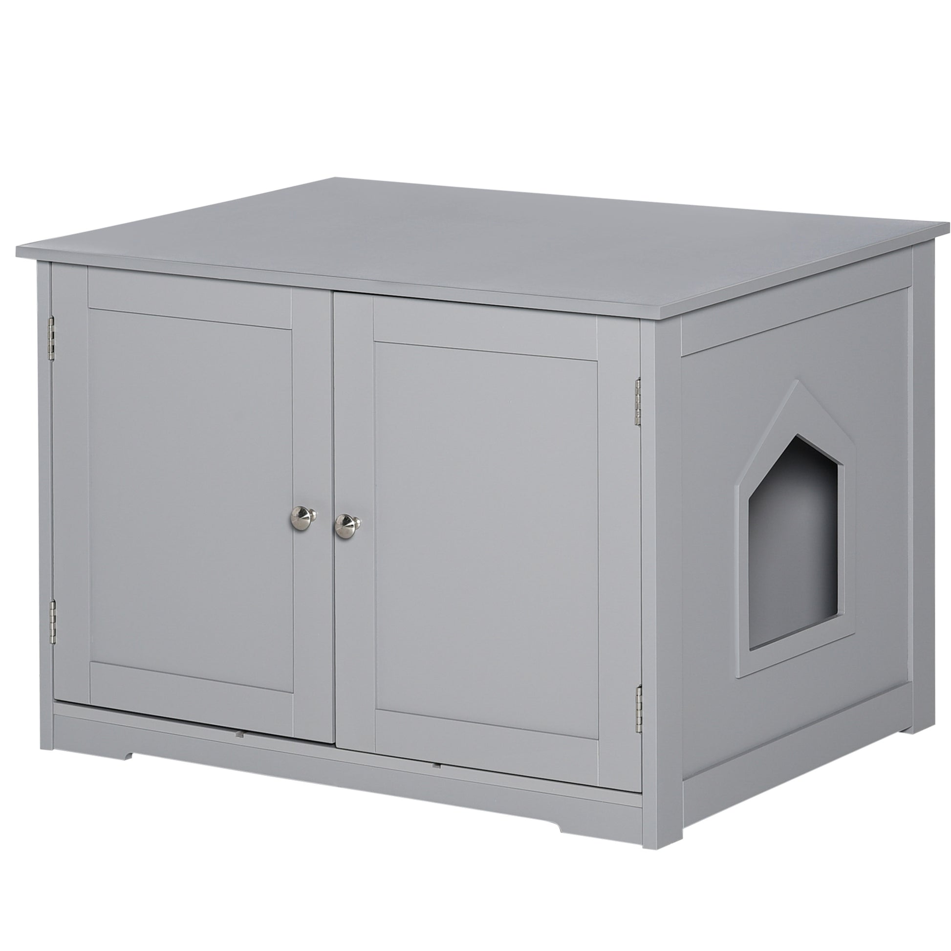 Gray enclosed litter box furniture with double doors and a side cutout for pet access