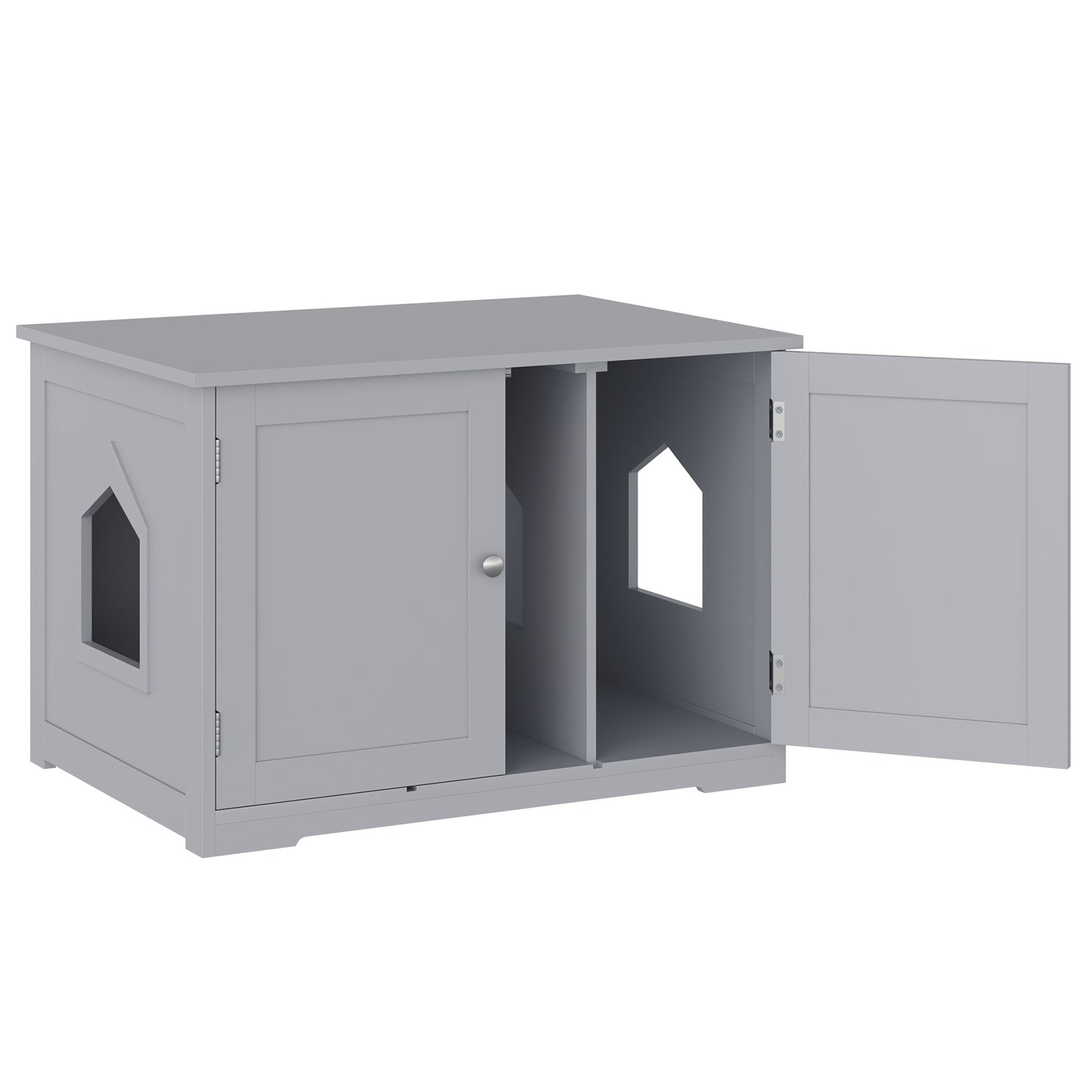 Modern grey wood cat litter box enclosure with arched doorways
