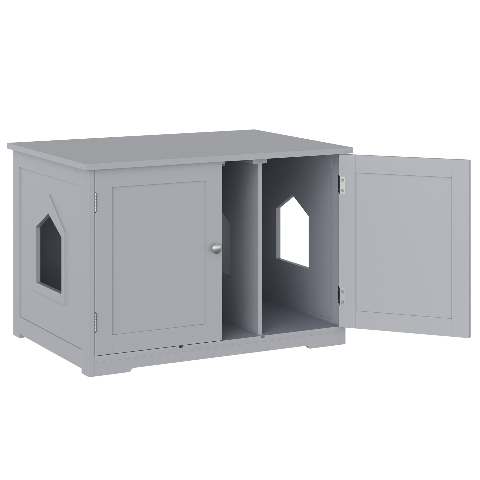 Modern grey wood cat litter box enclosure with arched doorways