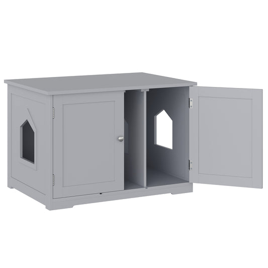 Modern grey wood cat litter box enclosure with arched doorways