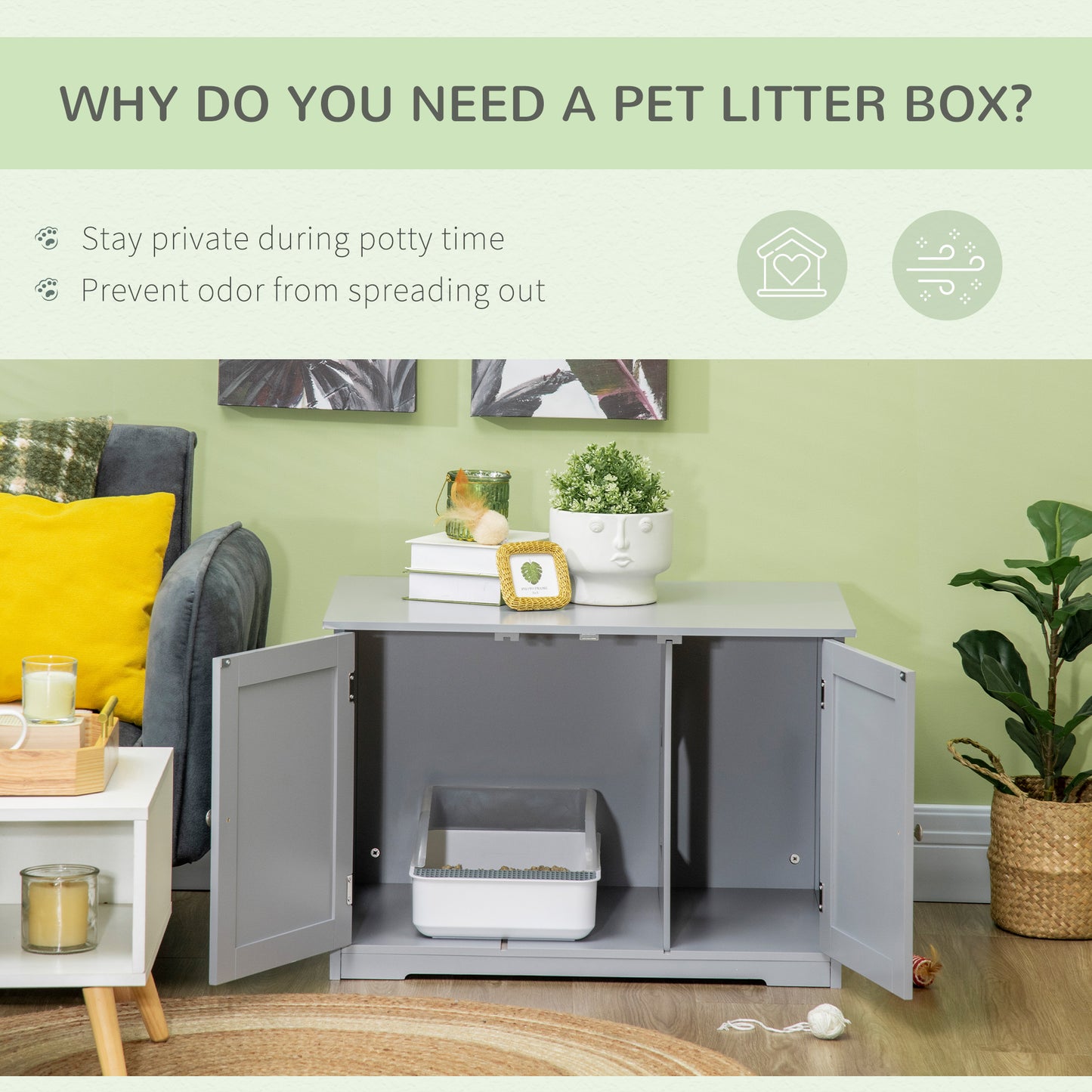 Grey wooden pet litter box enclosure with white litter tray inside doors open