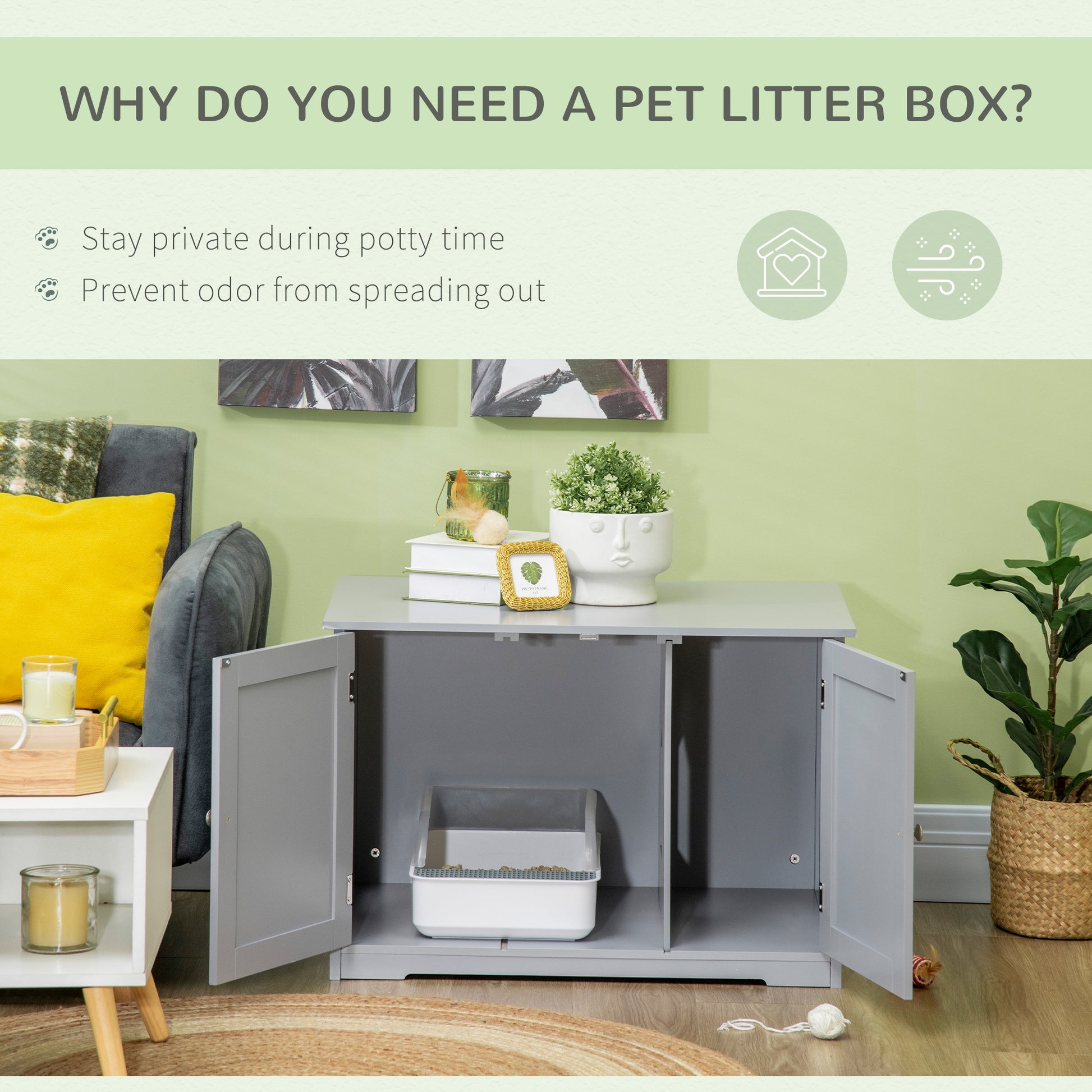 Grey wooden pet litter box enclosure with white litter tray inside doors open