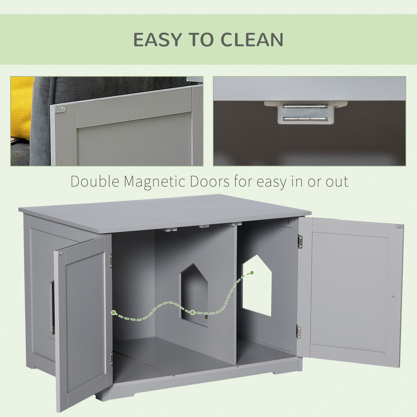 Grey wooden cat litter box enclosure with double doors and houseshaped openings