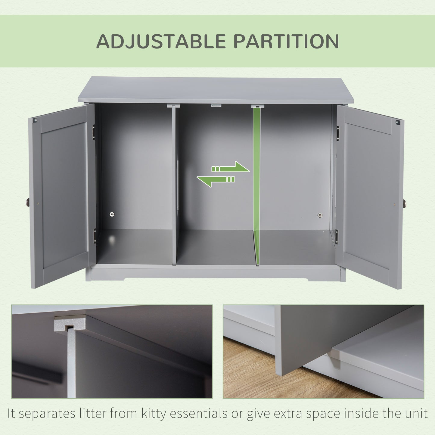 Gray wooden cabinet with open doors and adjustable partition for storage